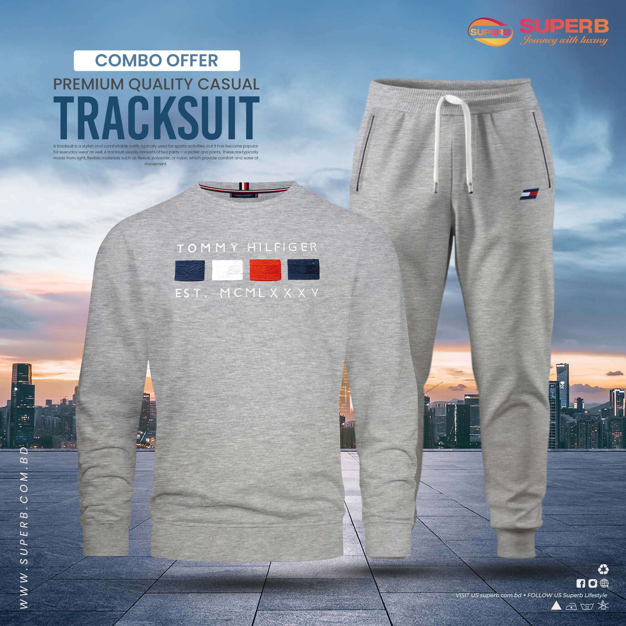 Premium Quality Tracksuit – 4 Colors | Tommy Hilfiger at Superb.com.bd - Ash
