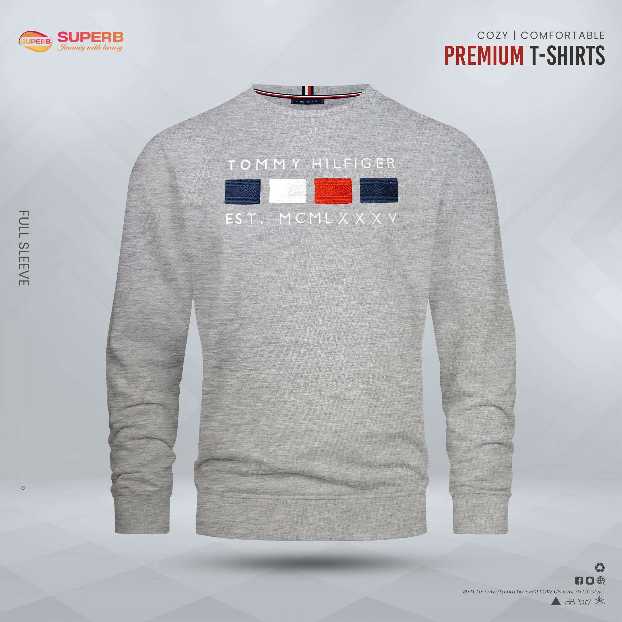 Premium Full Sleeve T-Shirt from Tommy Hilfiger | Cozy & Comfortable | Superb Lifestyle - Ash