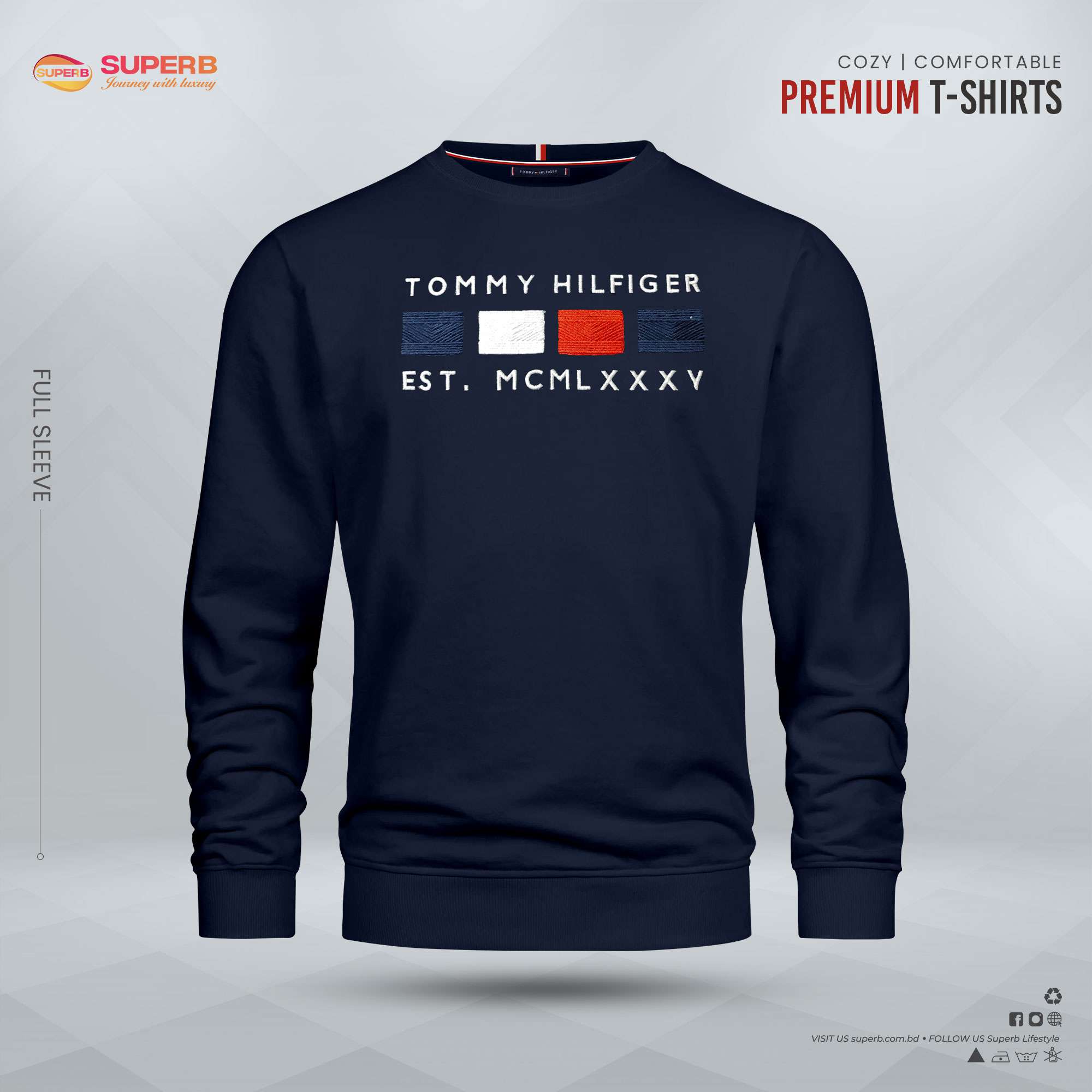 Premium Full Sleeve T-Shirt from Tommy Hilfiger | Cozy & Comfortable | Superb Lifestyle - Dark Navy