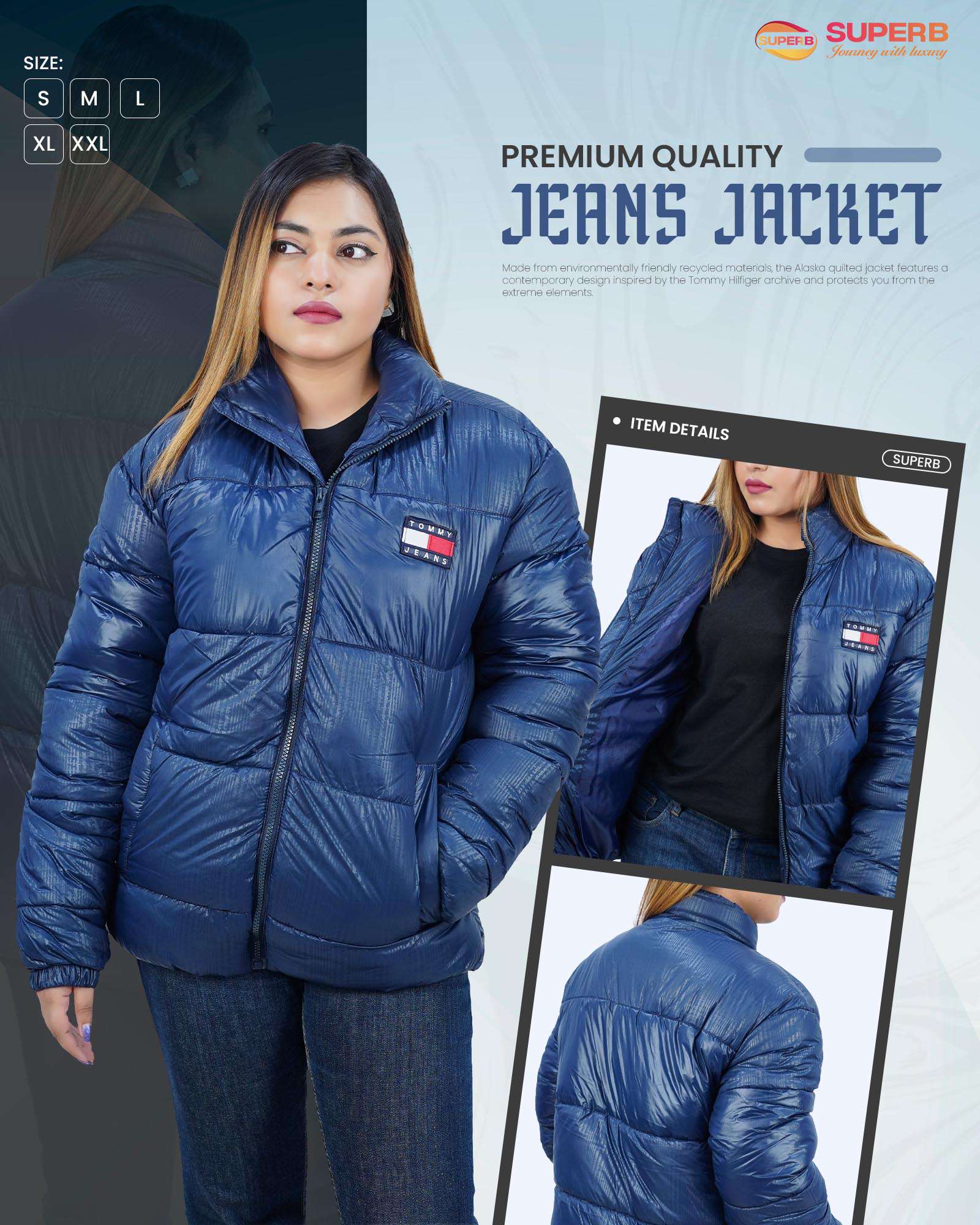Tommy Jeans Premium Quality Puffer Jacket || Superb Lifestyle - Navy Blue