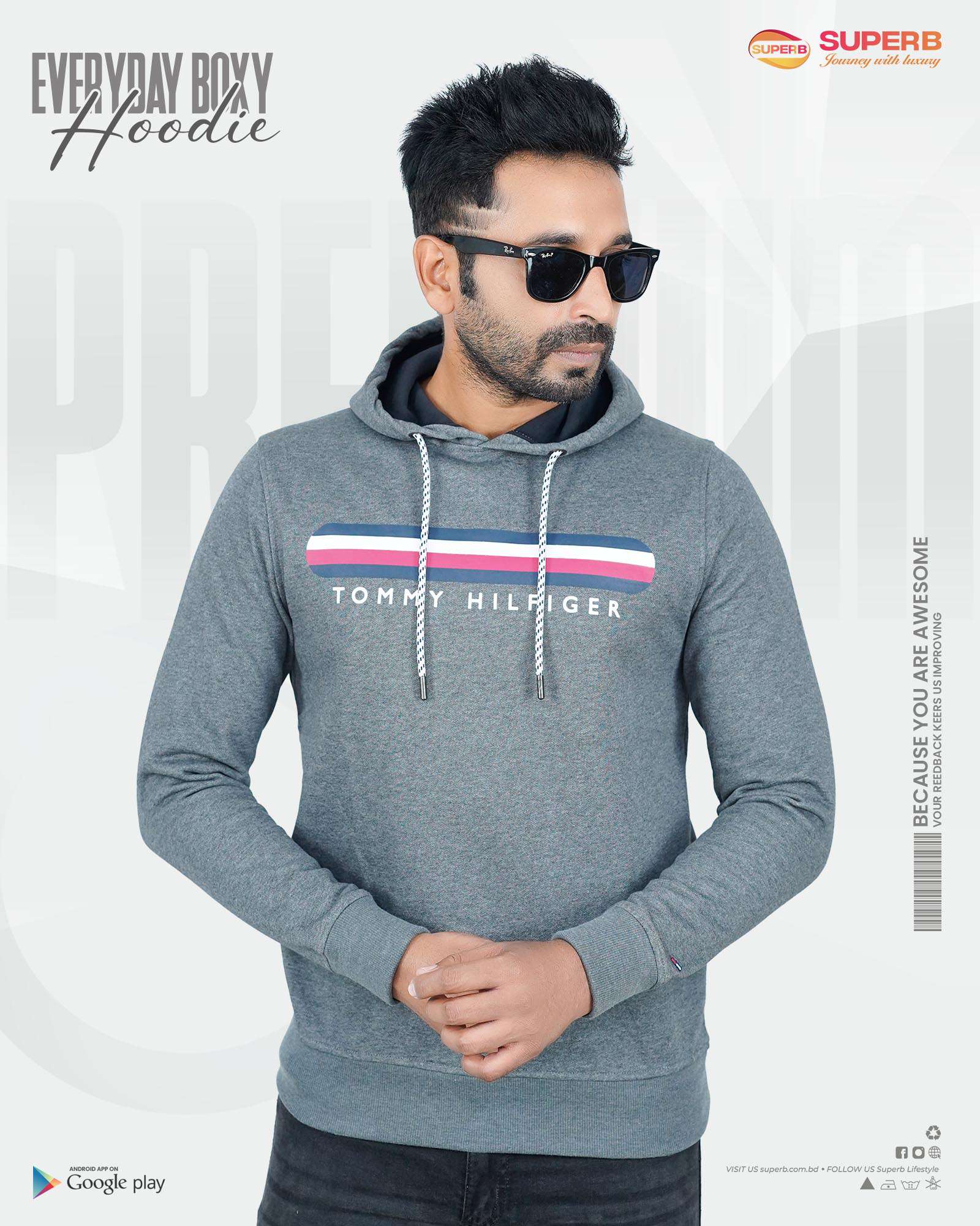 Tommy Hilfiger Premium Hoodie | 4 Colors | Superb Lifestyle - Ash