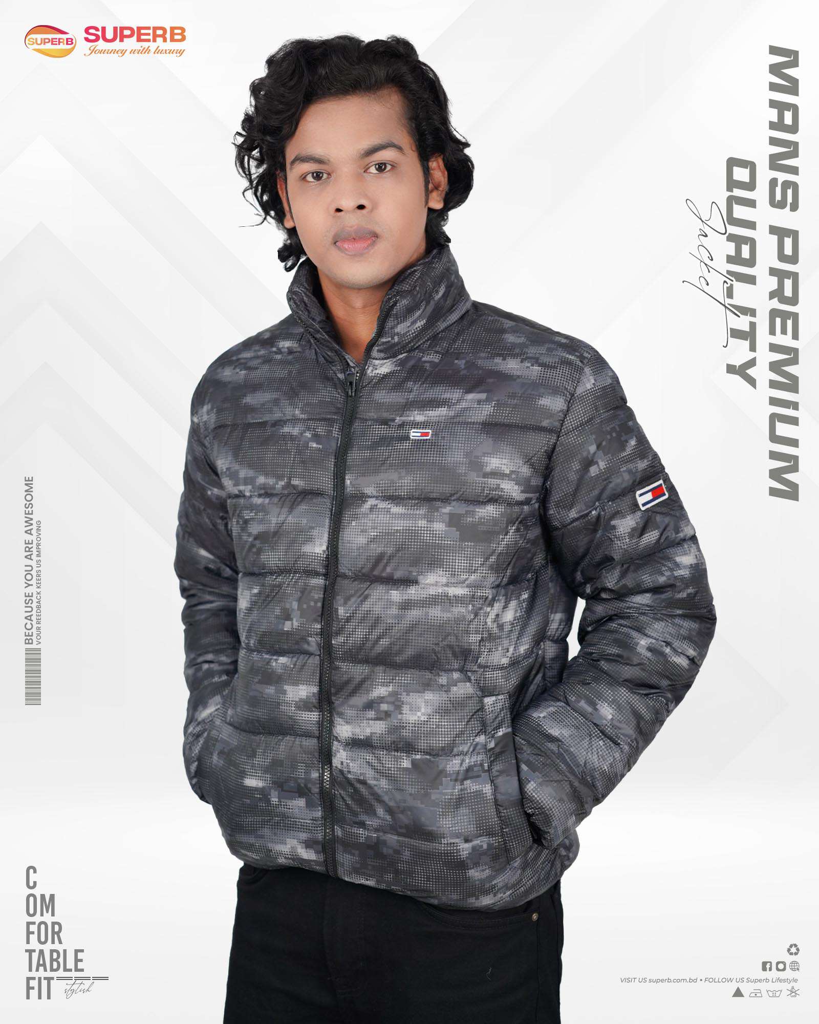 Tommy Jeans Striped Winter Jacket | Superb Lifestyle - Black-Ash stripes