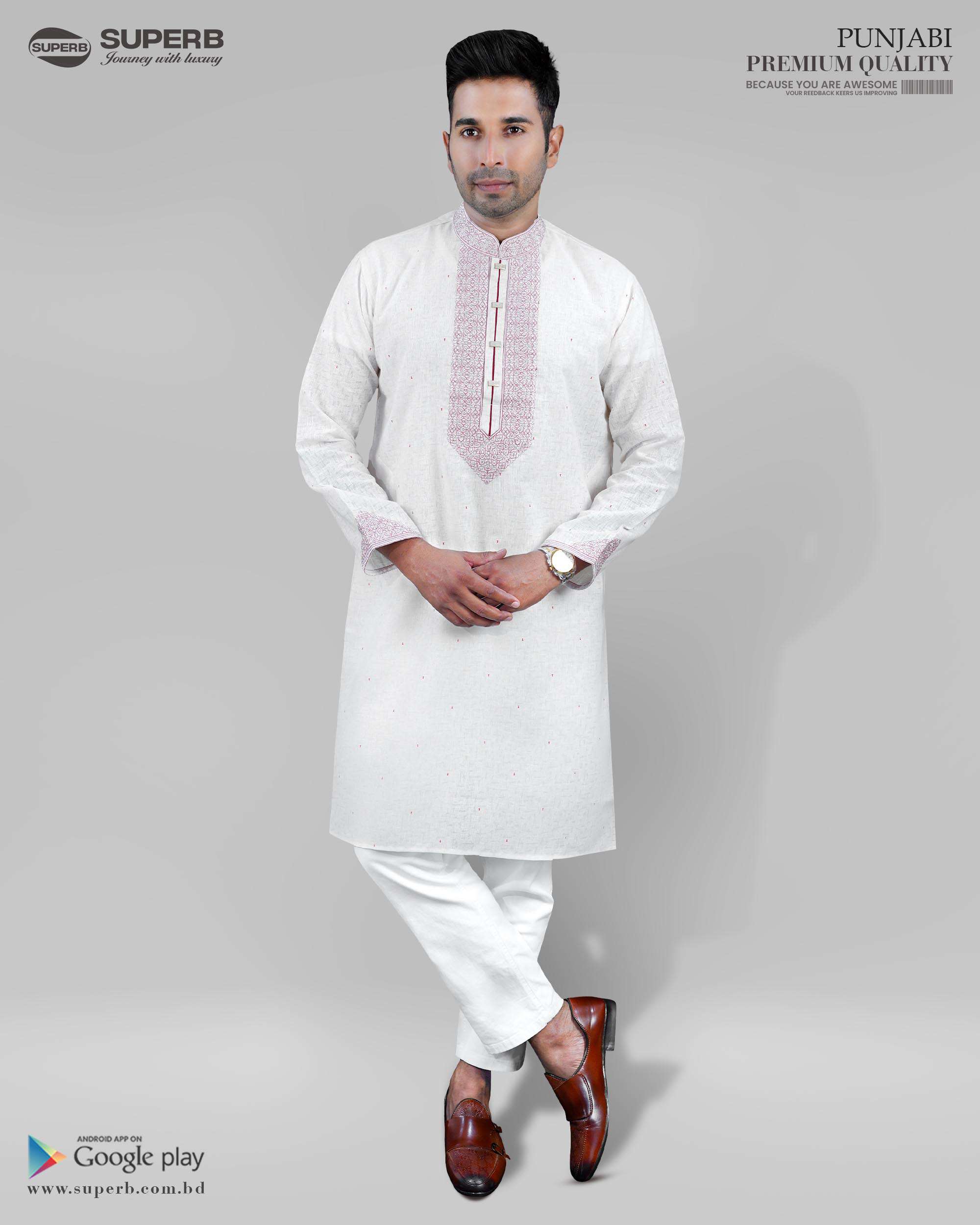 Indian Brasso Cotton Panjabi-V1 | Premium Panjabi for Men | Eid & Wedding Collection | Superb - Grayish-white