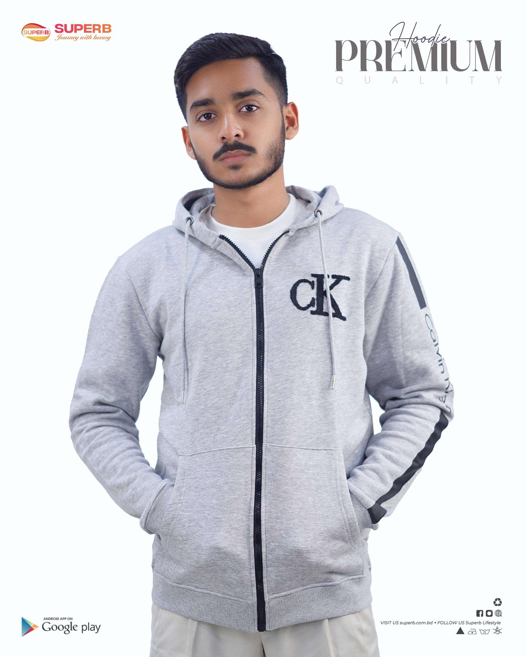CK Premium Zip-Up Hoodie – Signature Style in 7 Iconic Colors || Superb - White Brush