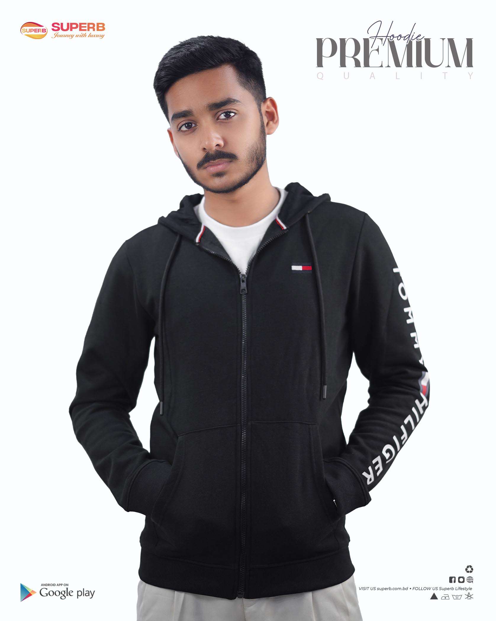 Tommy Hilfiger Premium Zip-Up Hoodie – Signature Comfort in 5 Classic Colors || Superb - Black