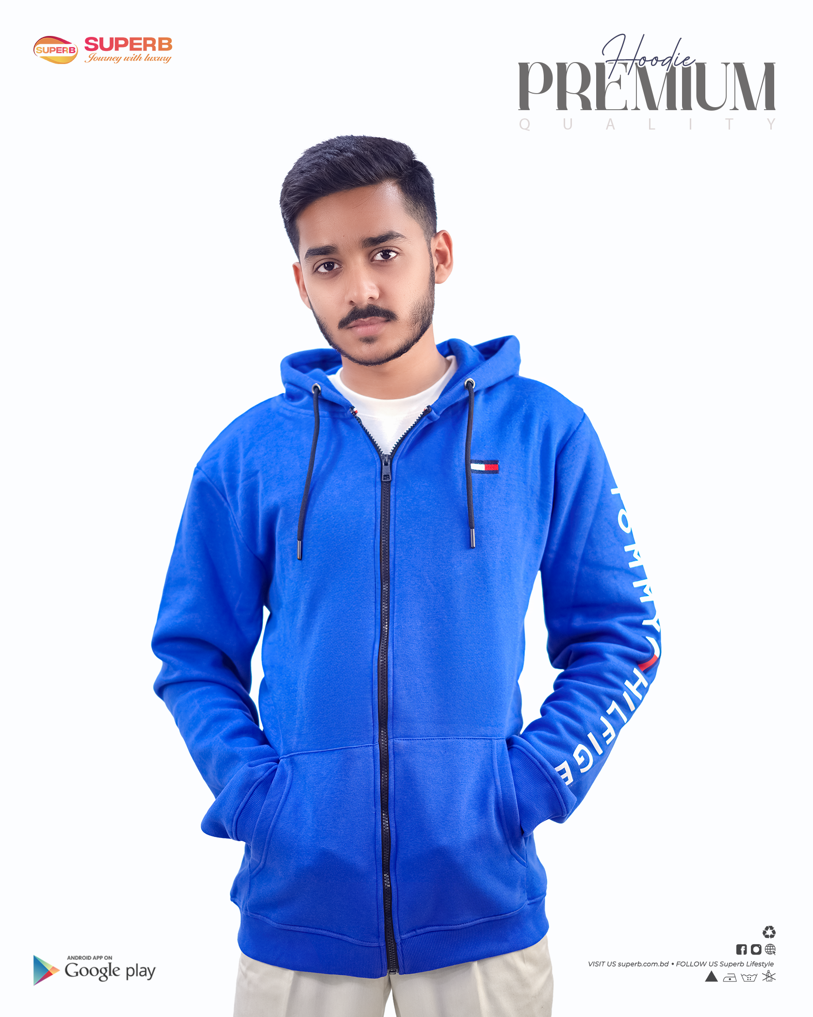 Tommy Hilfiger Premium Zip-Up Hoodie – Signature Comfort in 5 Classic Colors || Superb - Blue