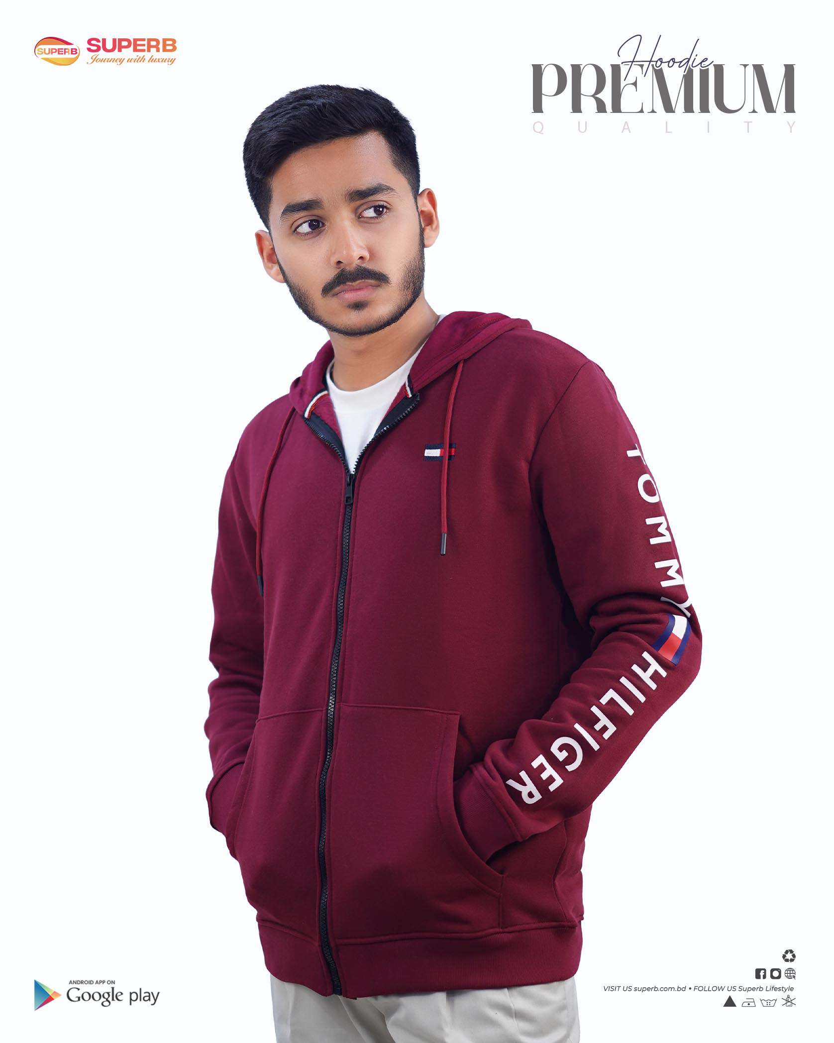 Tommy Hilfiger Premium Zip-Up Hoodie – Signature Comfort in 5 Classic Colors || Superb - Maroon