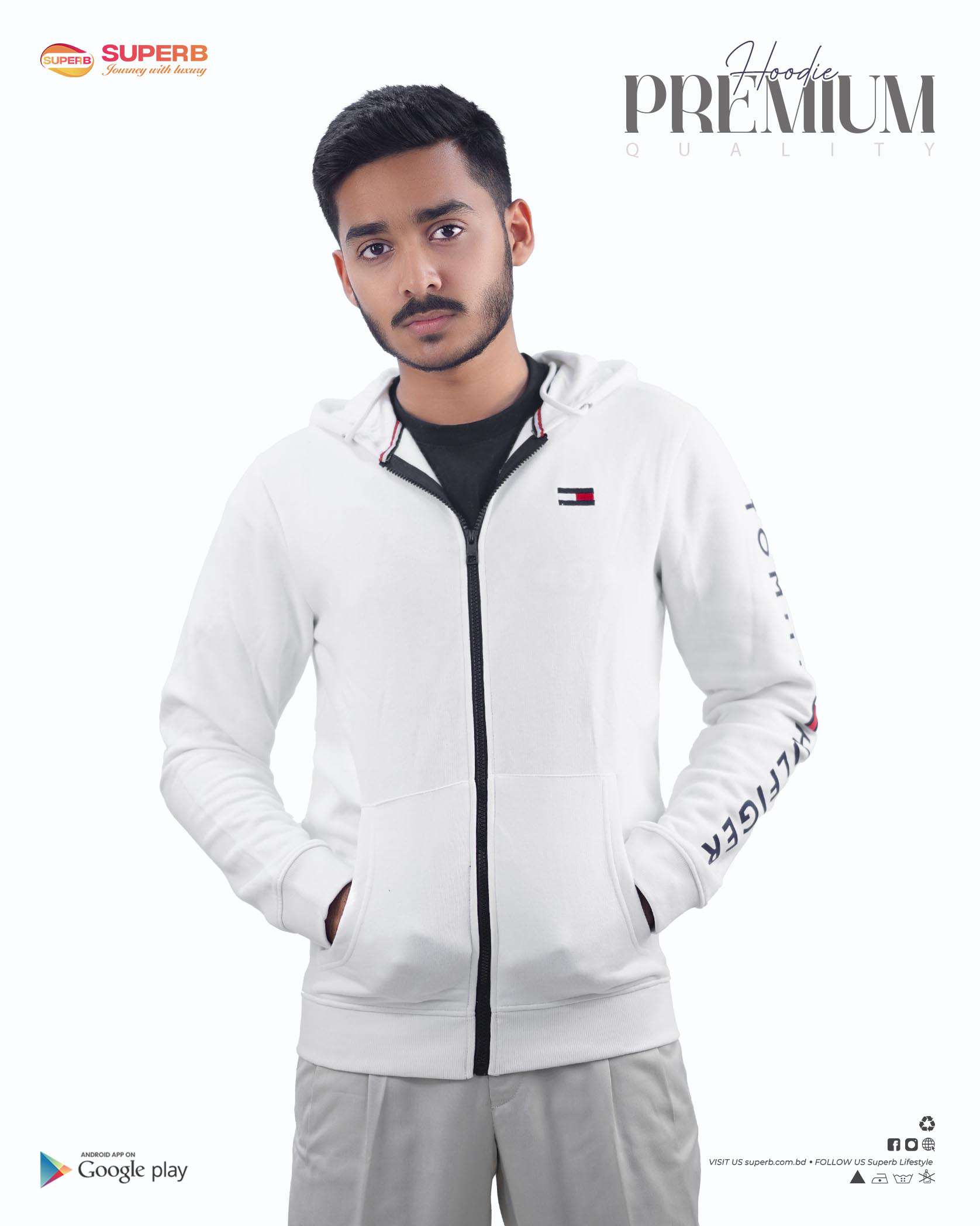 Tommy Hilfiger Premium Zip-Up Hoodie – Signature Comfort in 5 Classic Colors || Superb - White