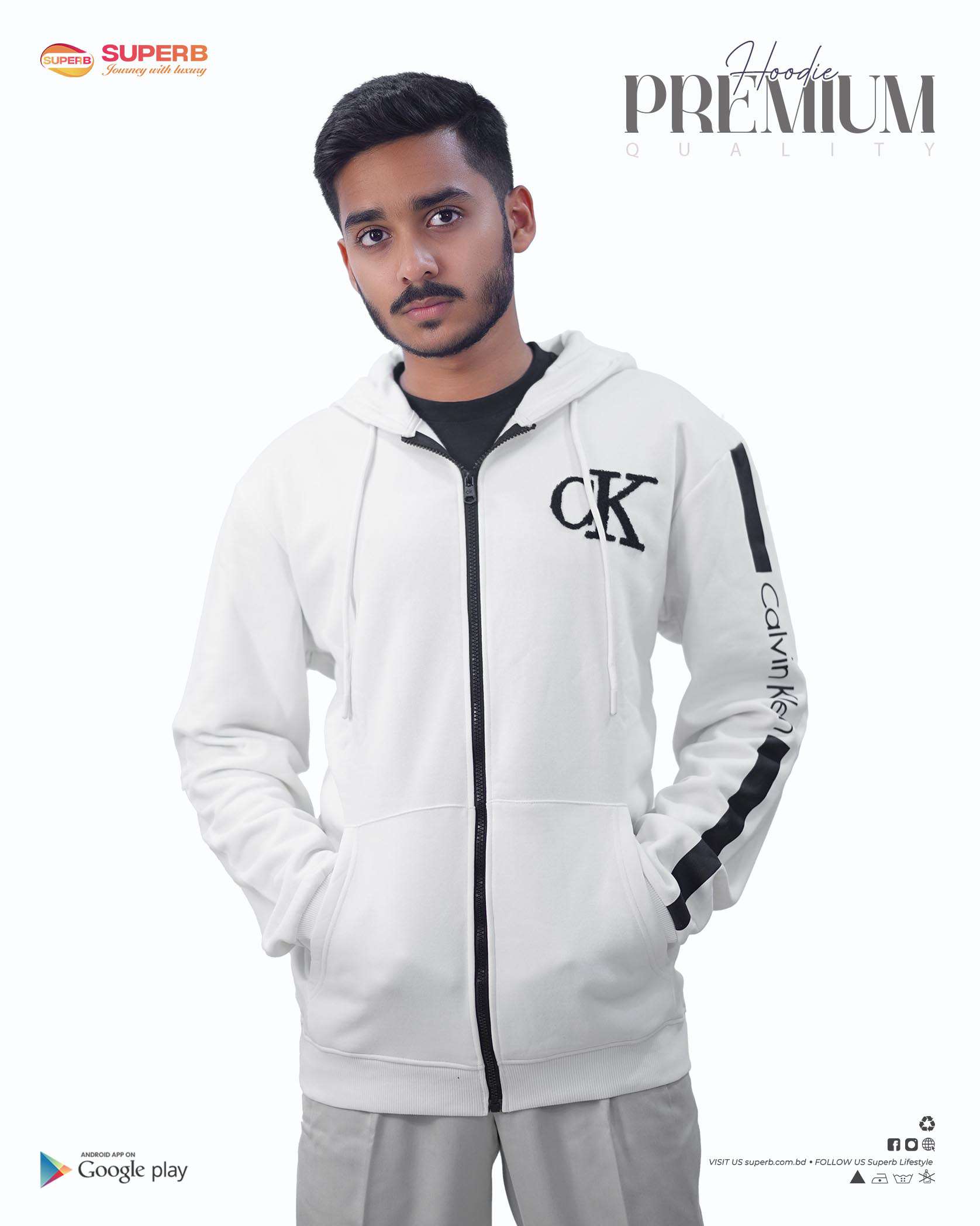 CK Premium Zip-Up Hoodie – Signature Style in 7 Iconic Colors || Superb - White