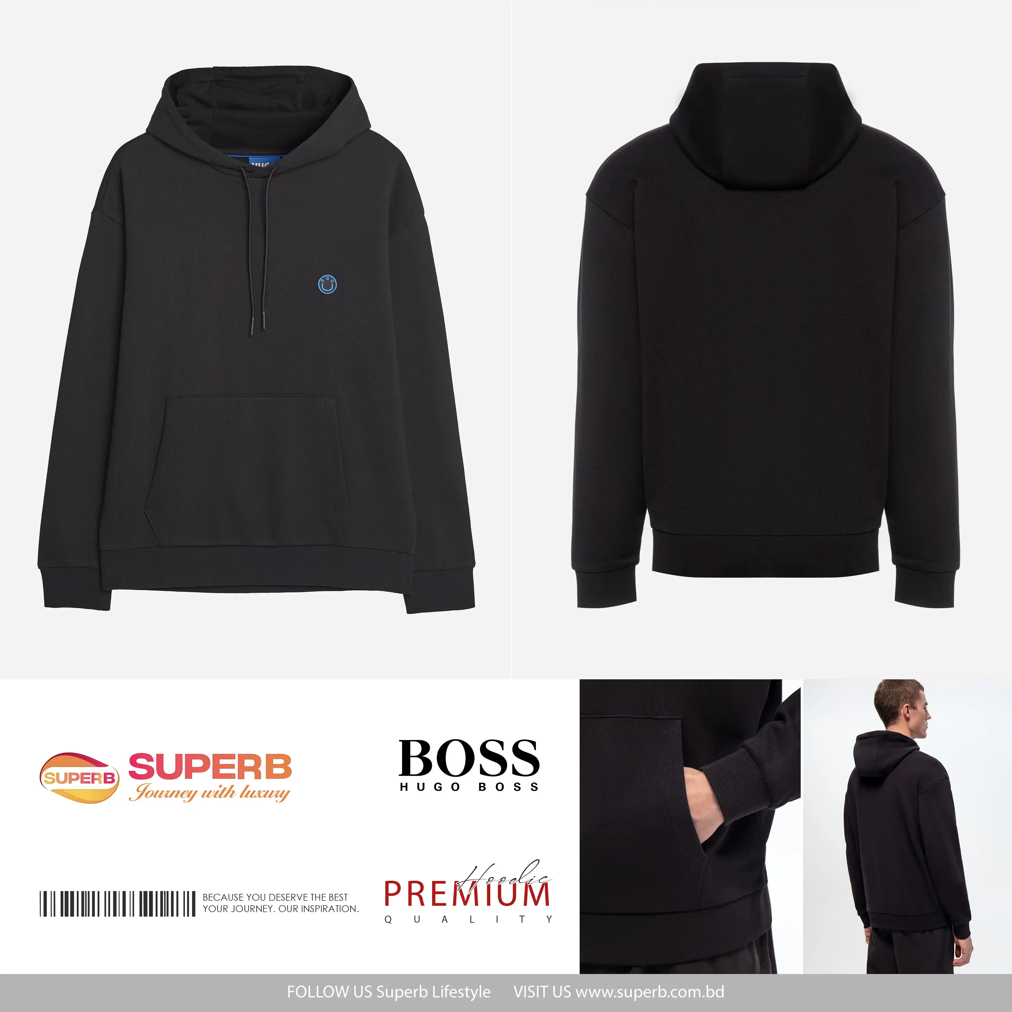 HUGO Men's "Happy HUGO" Cotton-Terry Pullover Hoodie – Regular Fit || Superb - Black