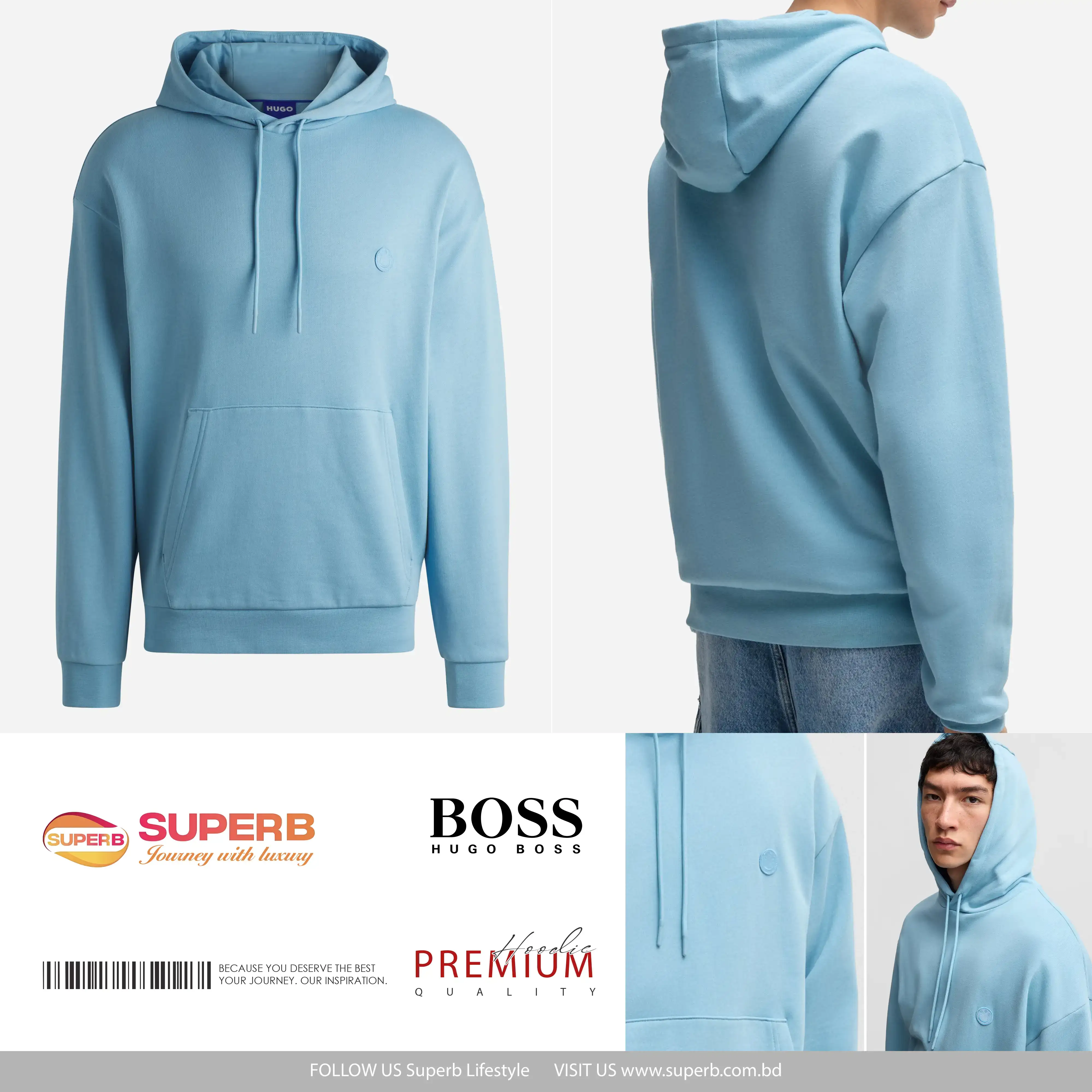 HUGO Men's "Happy HUGO" Cotton-Terry Pullover Hoodie – Regular Fit || Superb - Sky Blue