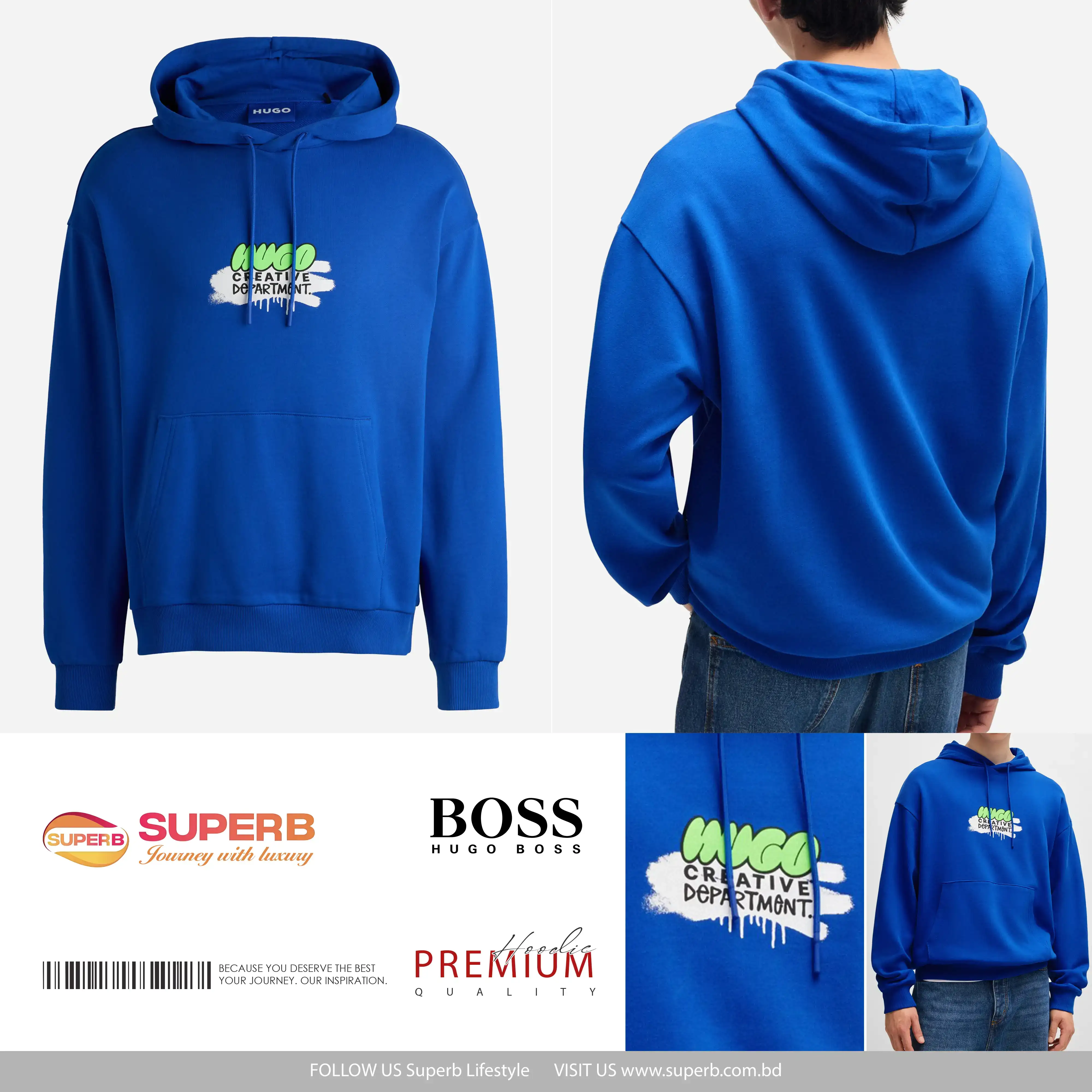 HUGO Men's Spray-Paint Logo Hoodie – 100% Cotton Terry, Regular Fit || Superb - Blue