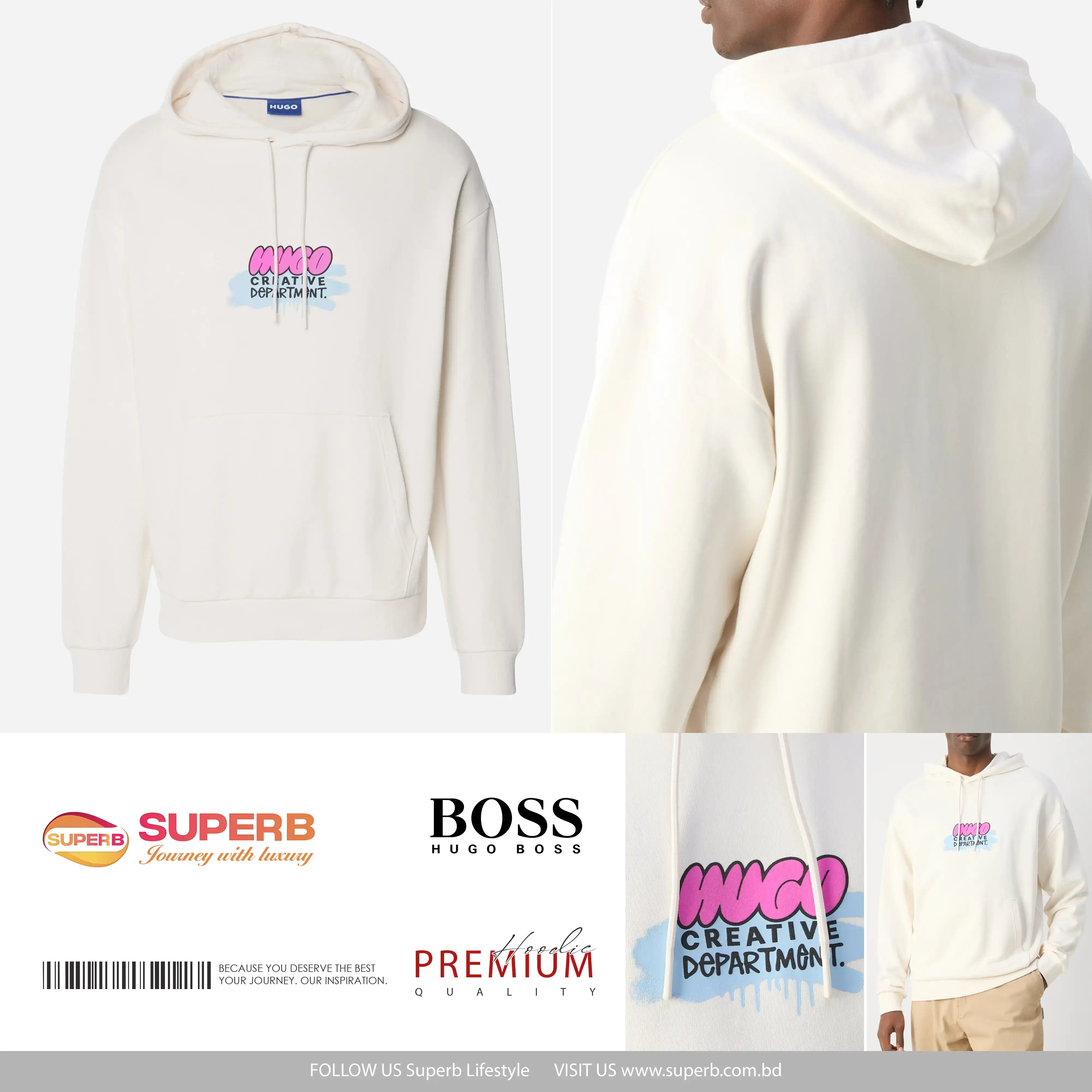 HUGO Men's Spray-Paint Logo Hoodie – 100% Cotton Terry, Regular Fit || Superb - Off-white