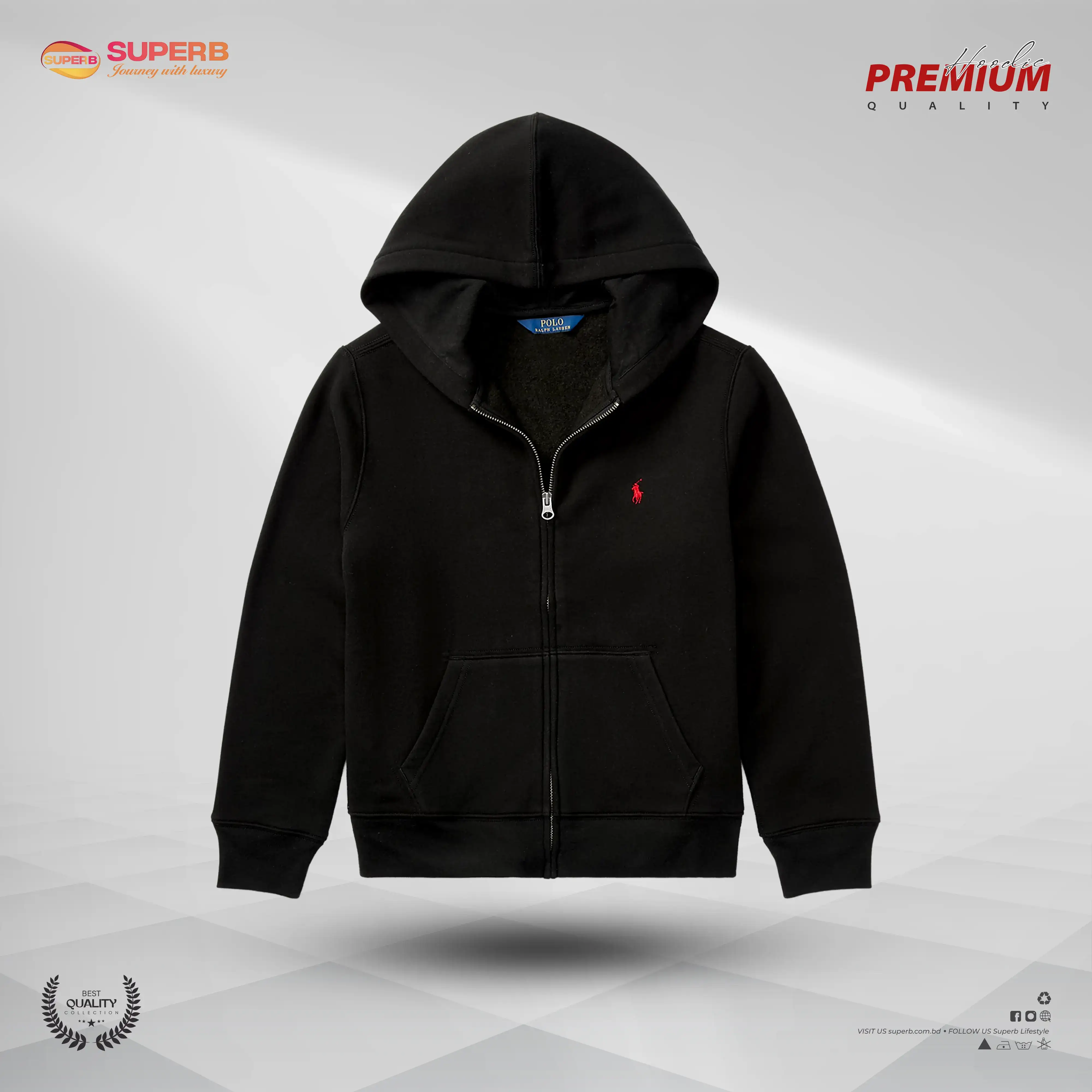 Ralph Lauren Full-Zip Fleece Hoodie – Embroidered Pony Logo | Cotton-Blend Comfort || Superb - Black