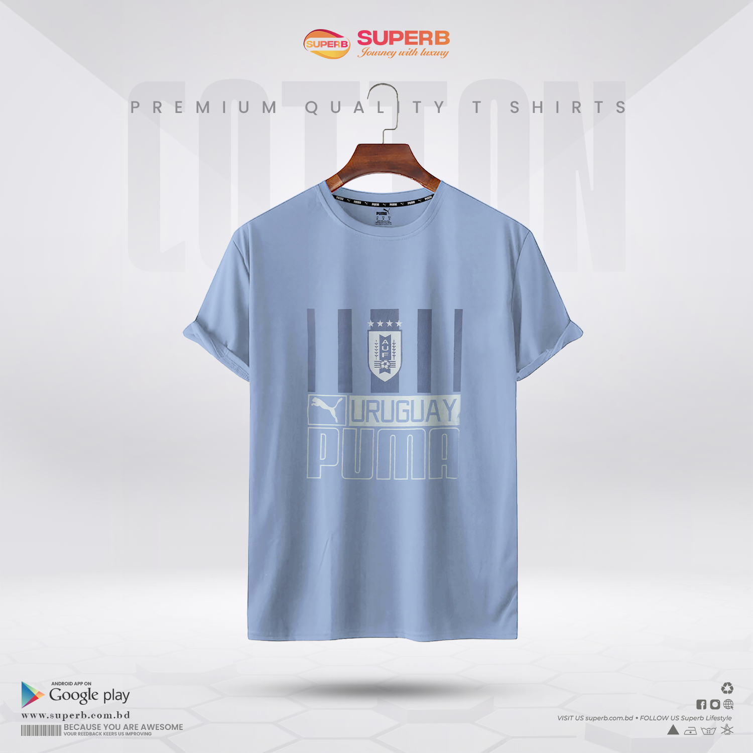 Puma Uruguay National Team T-Shirt – 100% Cotton | Premium Football Fanwear || Superb - Sky Blue