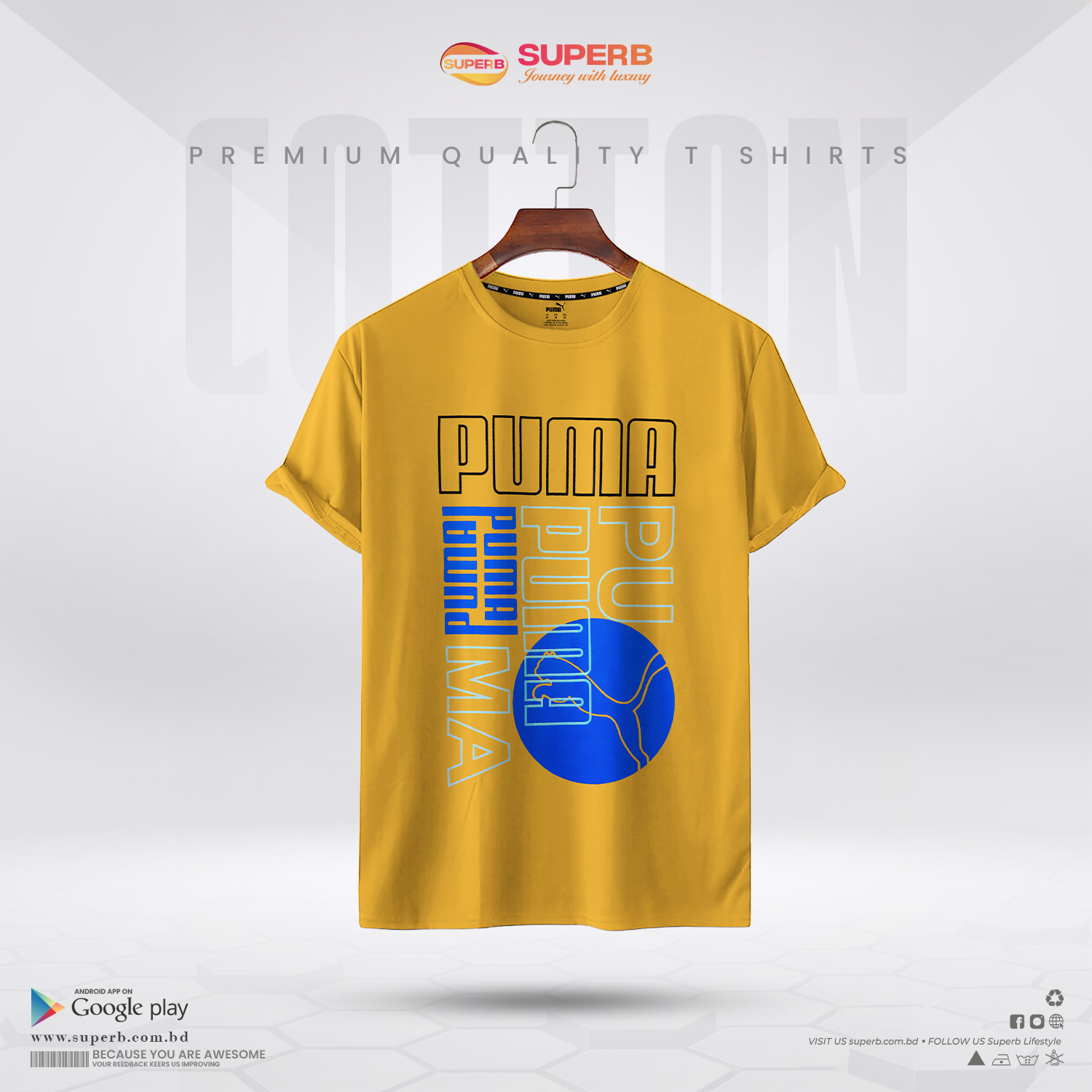 Puma Yellow Graphic T-Shirt – Blue Design | Premium Cotton Tee || Superb - Yellow