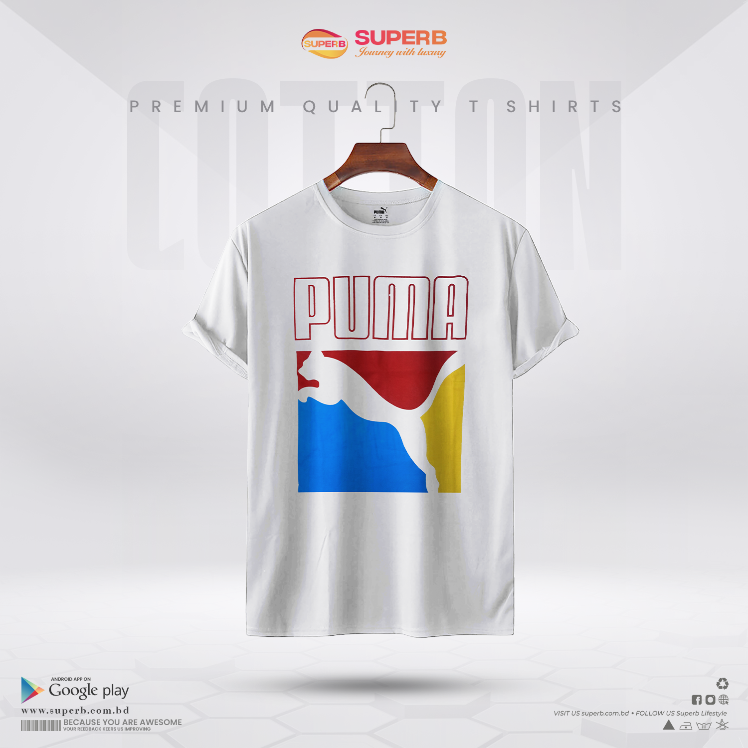 Puma White T-Shirt – Bold Red & Blue Logo | 100% Cotton || Superb - White