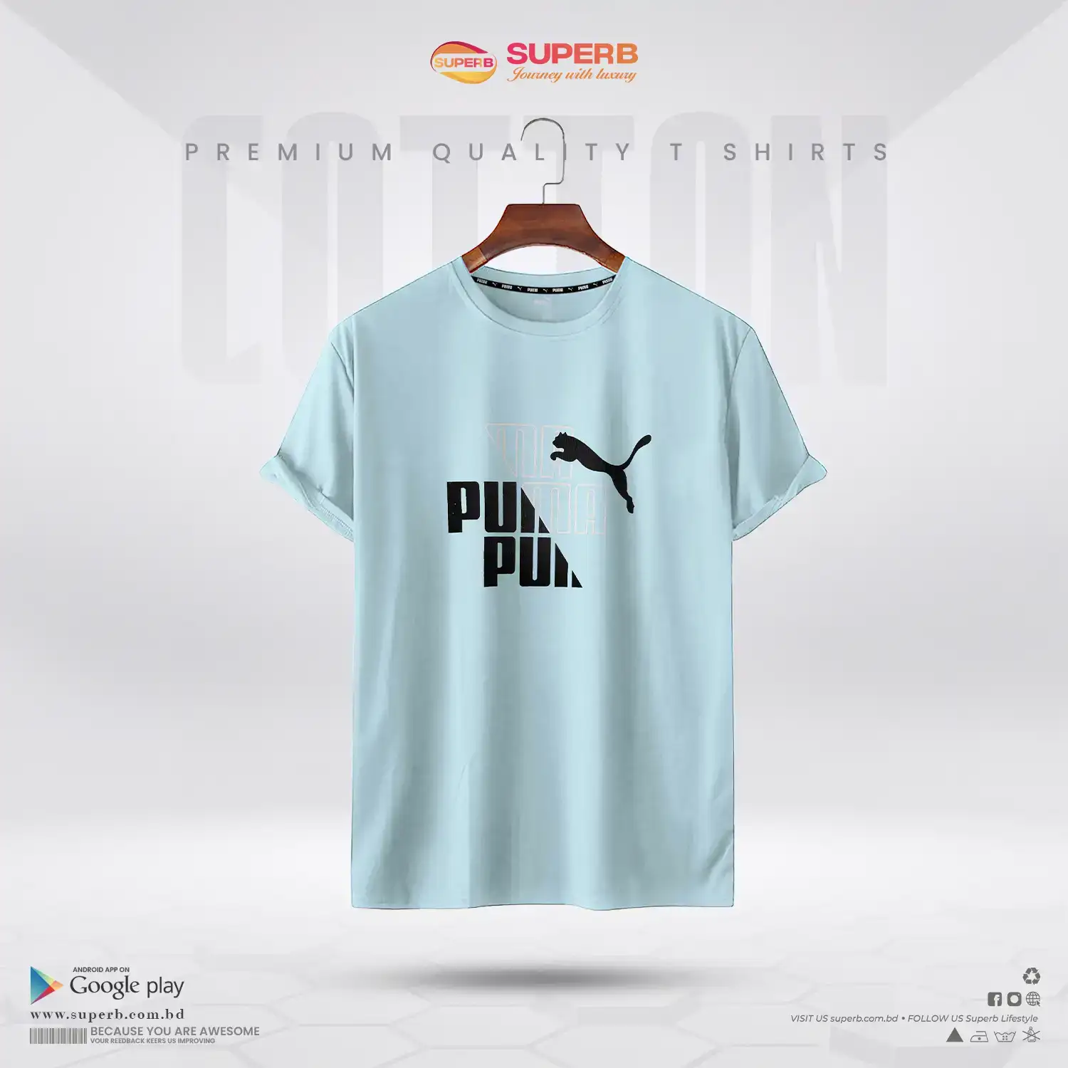 Puma Classic Logo T-Shirt – Sky Blue || Soft Cotton Crew Neck || Superb - Sky Blue