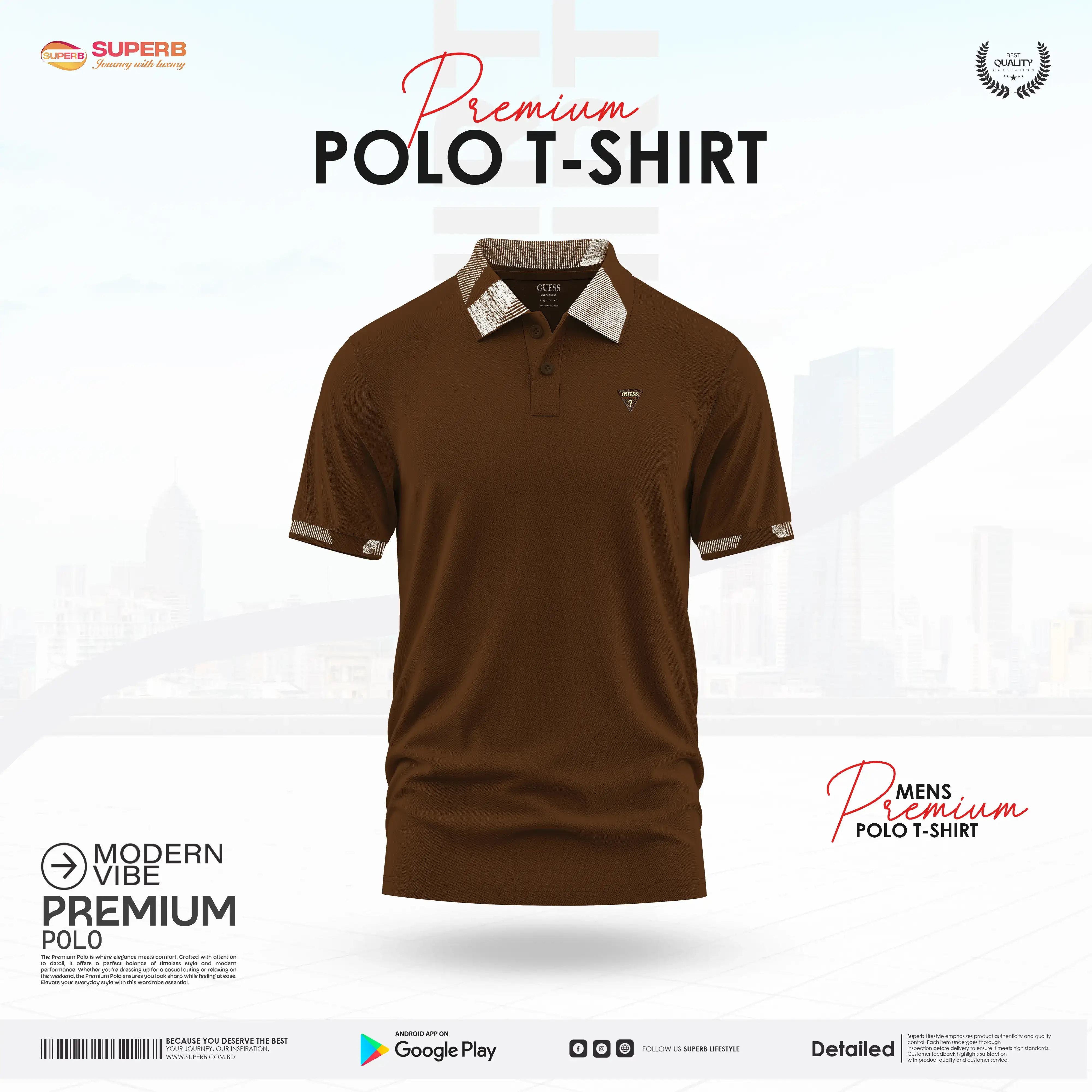 Guess Men's Classic Stretch Piqué Polo Shirt –Cotton-Spandex Blend || Superb - Brown