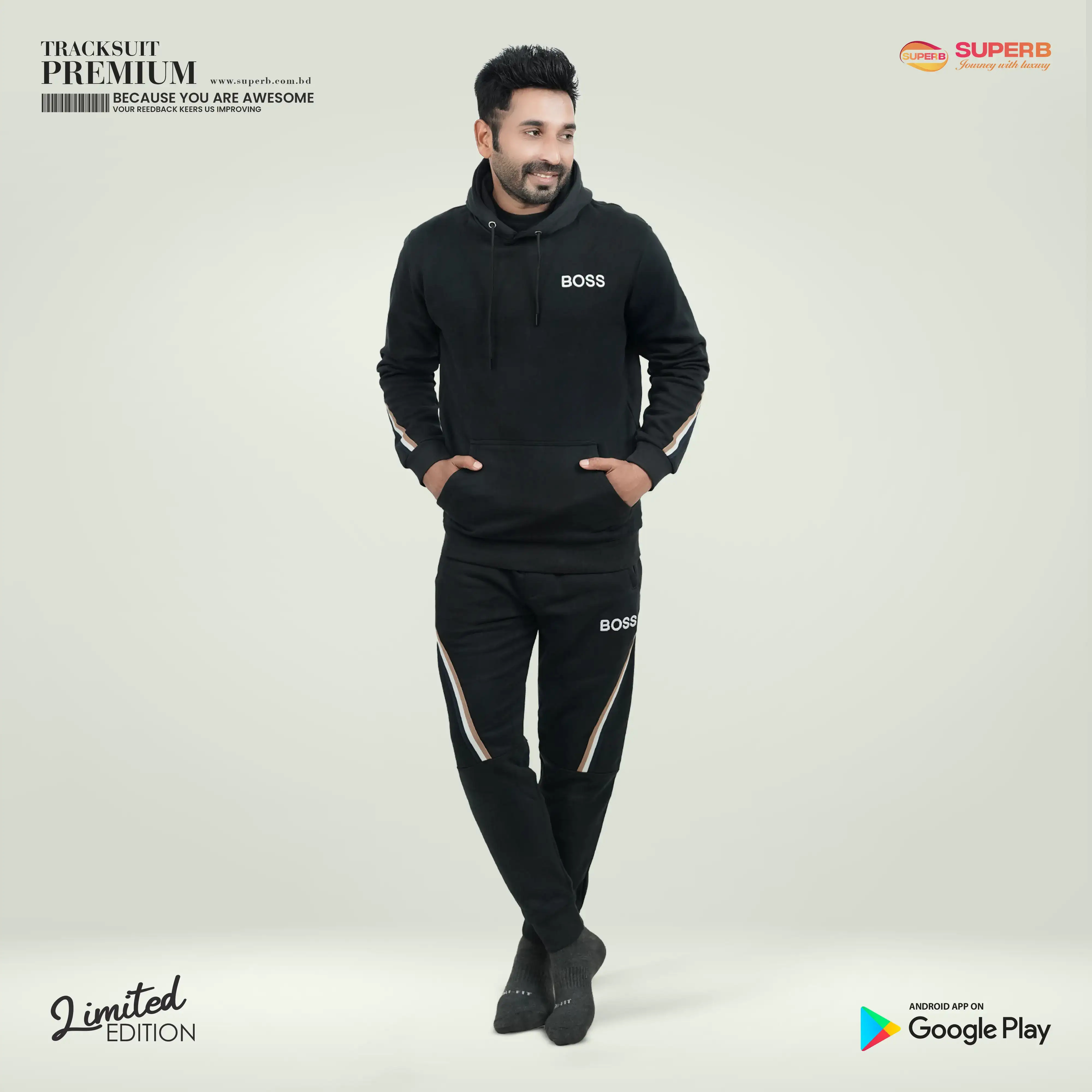 BOSS Premium Tracksuit Set – Pullover Hoodie & Jogger | 100% Cotton || Superb - Black