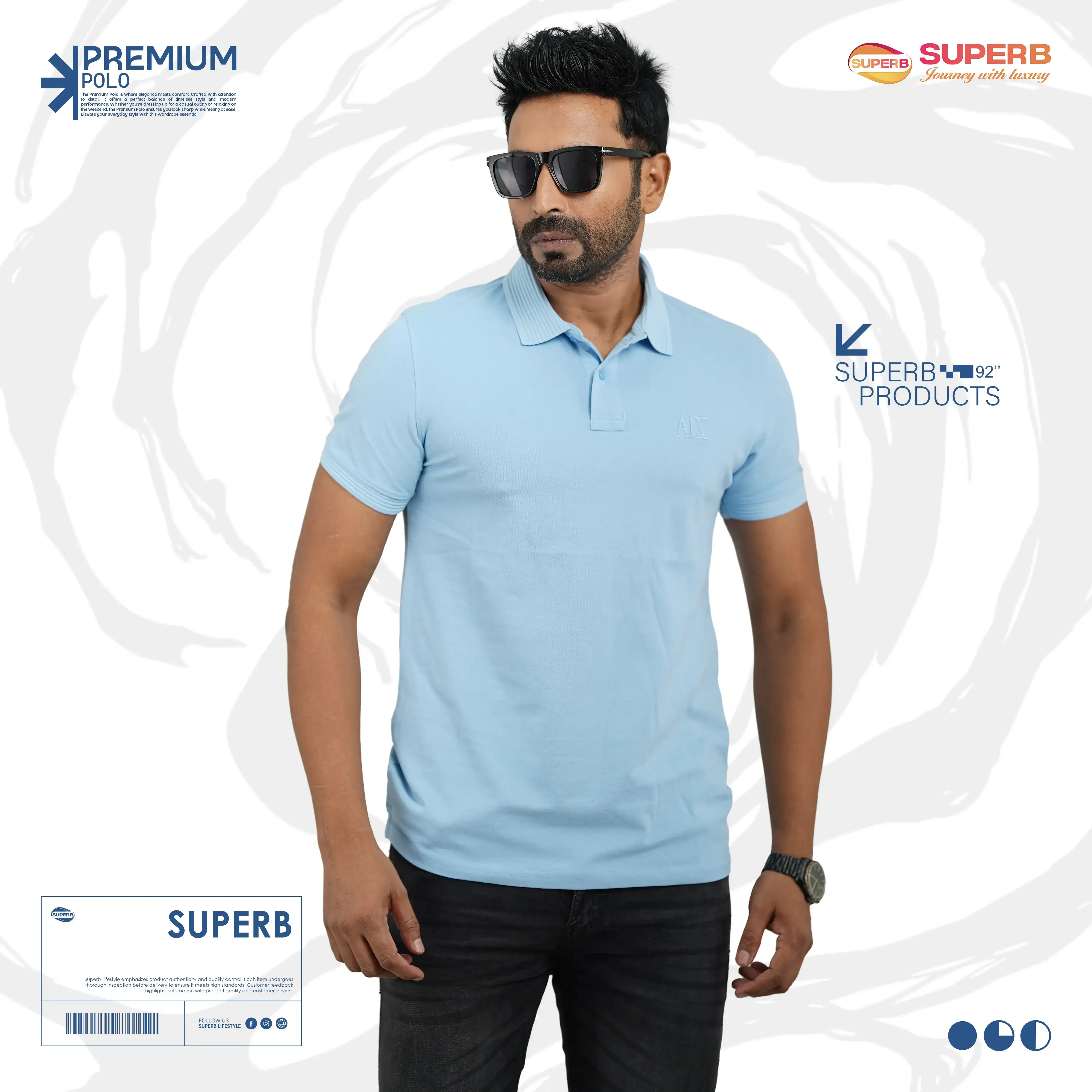 Armani Exchange (A|X) Premium Polo T-Shirt – Cotton Stretch || Superb - Sky Blue