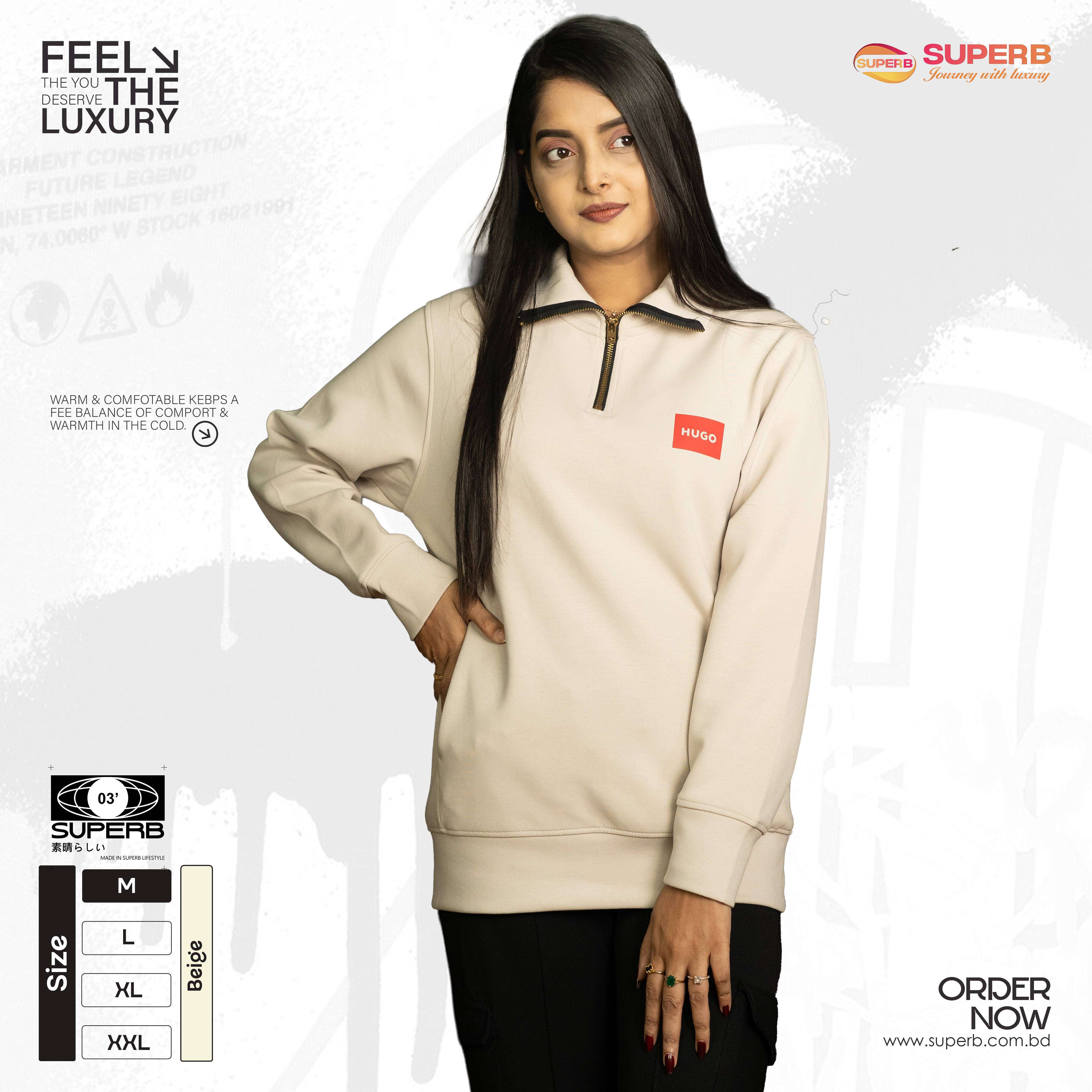 Hugo Boss Premium High Neck Half-Zip Sweatshirt – Ultra-Soft Finish || Superb - Beige