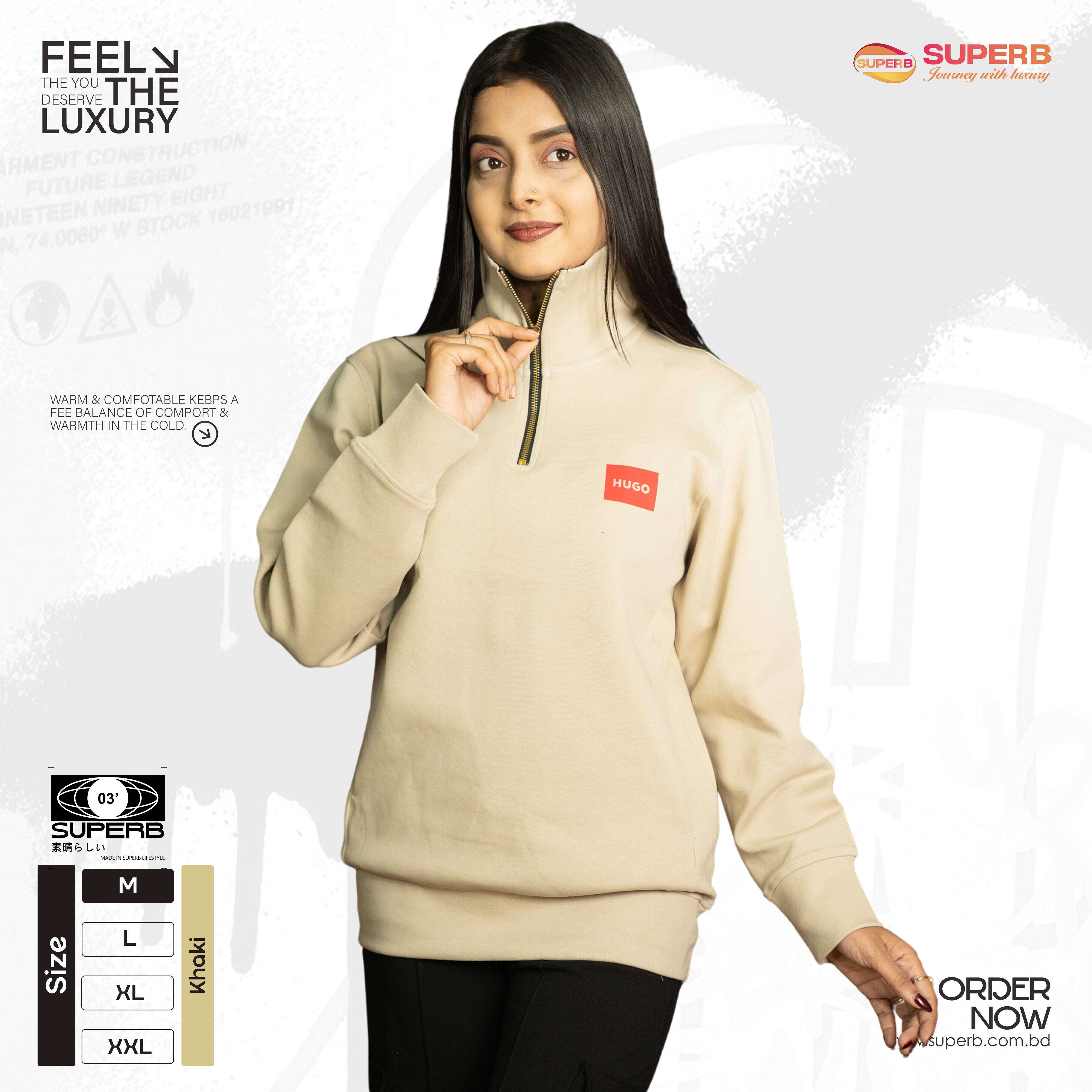 Hugo Boss Premium High Neck Half-Zip Sweatshirt – Ultra-Soft Finish || Superb - Khaki