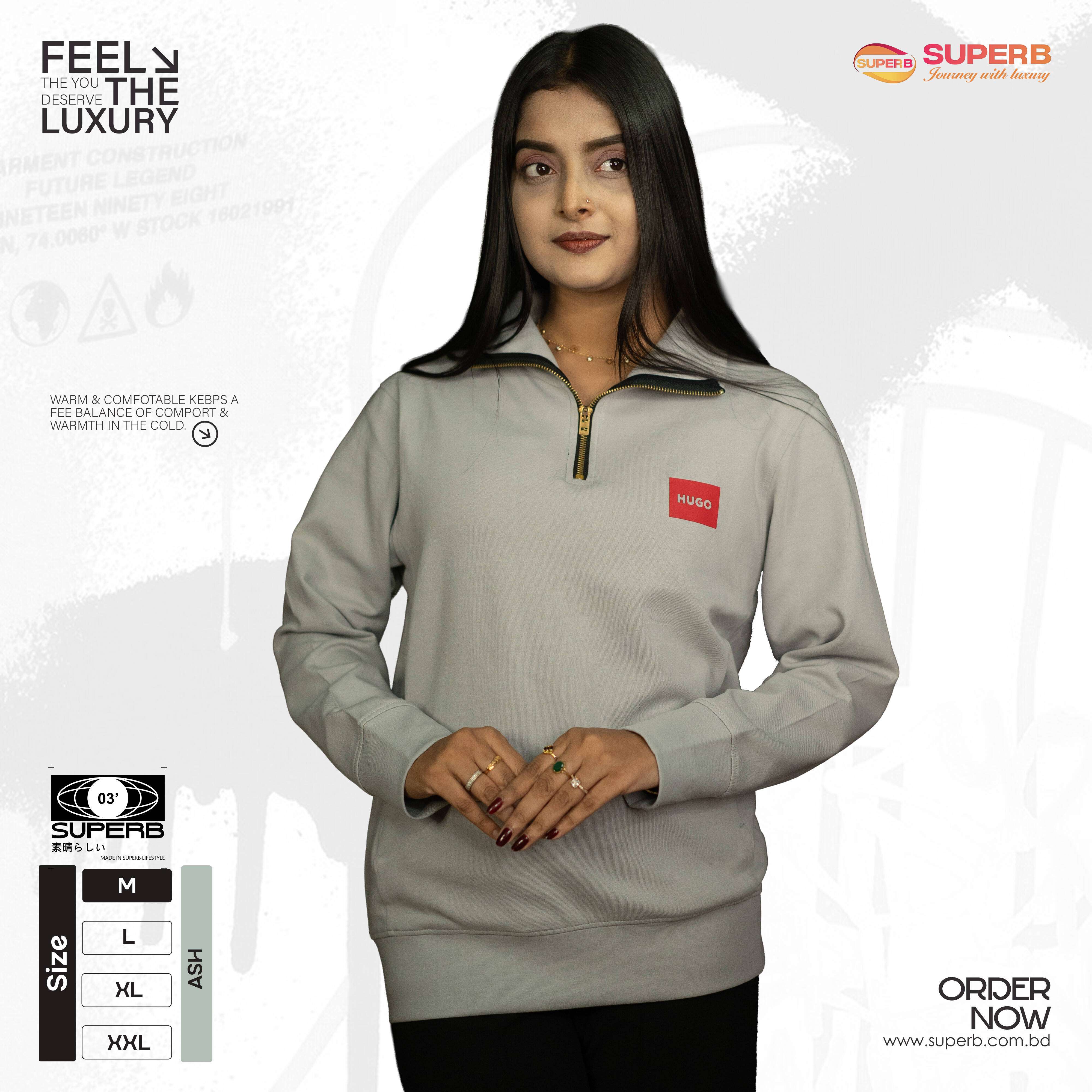 Hugo Boss Premium High Neck Half-Zip Sweatshirt – Ultra-Soft Finish || Superb - Ash