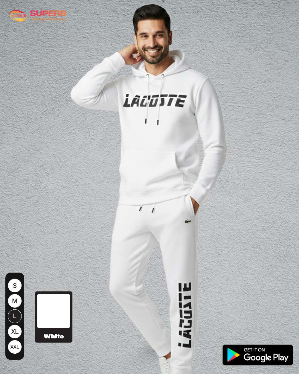 Lacoste Premium Tracksuit – Ultra-Soft Cotton-Blend Hoodie & Joggers || Superb - White