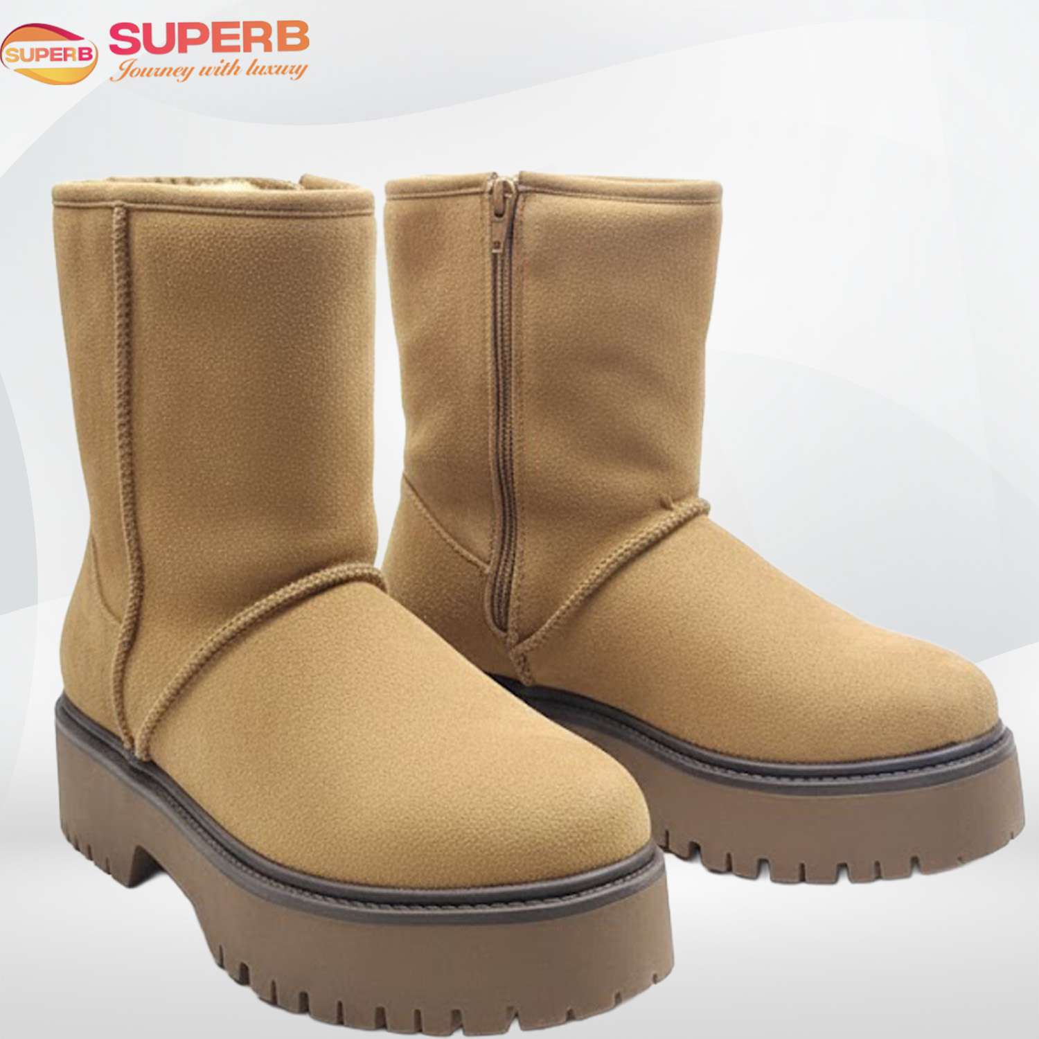 Claudia Ghizzani Minus Boot –  Sherpa-Lined Platform Ankle Boot with Side Zip - Khaki