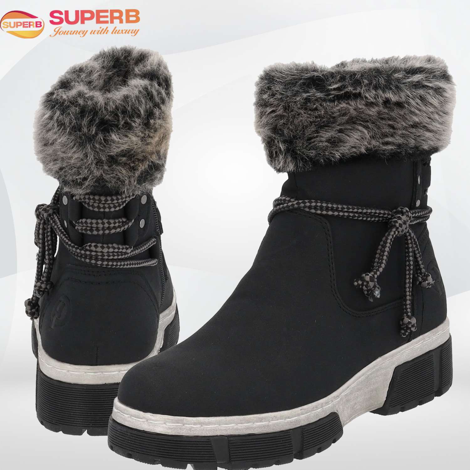 Claudia Ghizzani Winter Boots – Faux Fur-Lined Ankle Boot with Side Zip & Platform Sole || Superb - Black