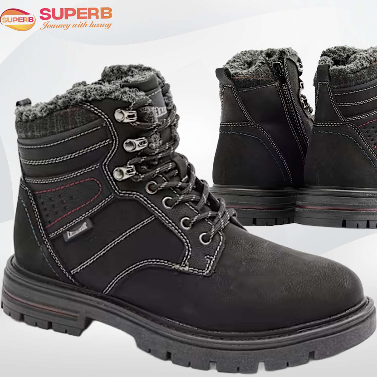 Landrover Premium Lace-Up Winter Boot – Faux Leather Warm-Lined Outdoor Boot || Superb - Black