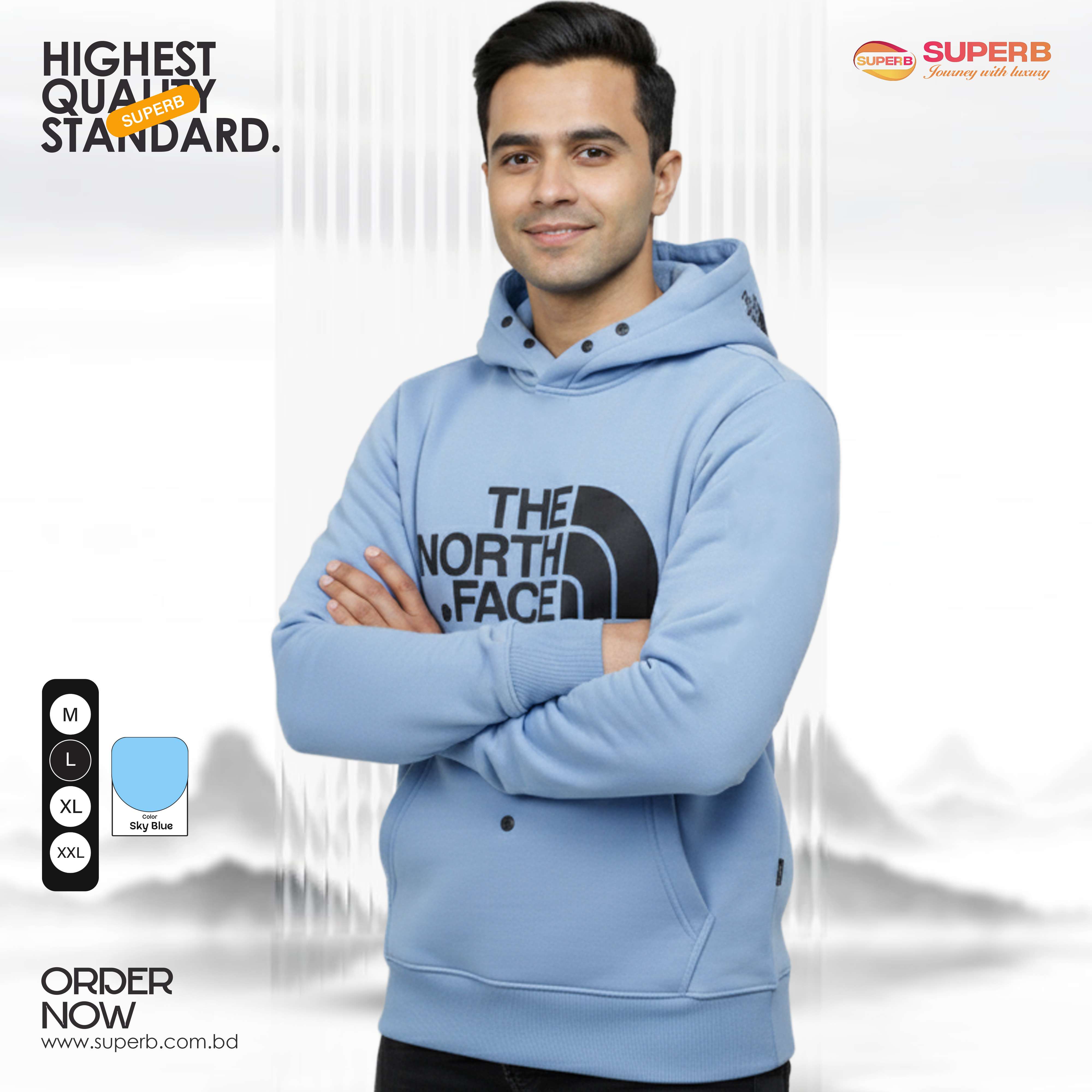 The North Face Premium Hoodie – 350+ GSM Cotton Brusho Fabric | Superb - Sky Blue
