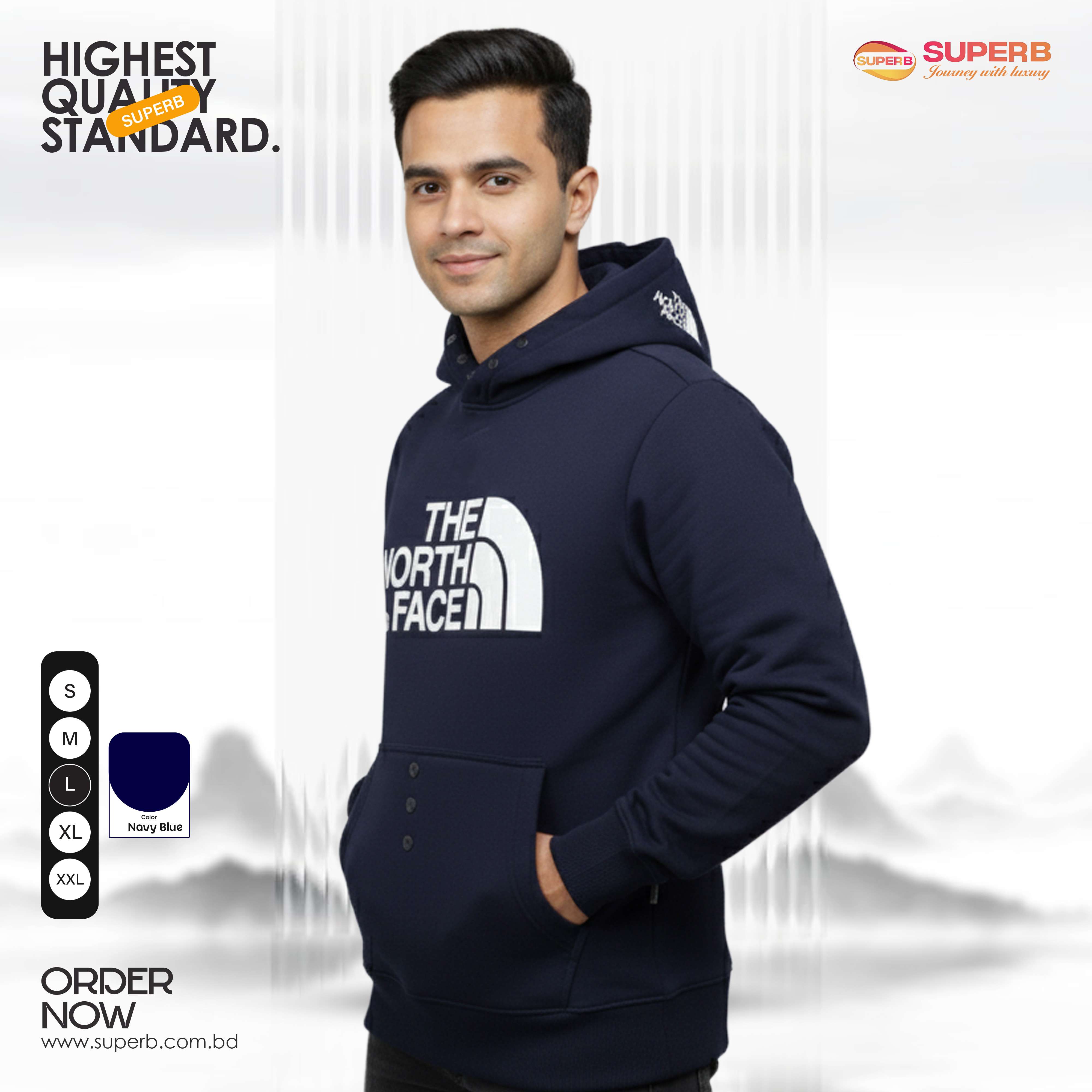 The North Face Premium Hoodie – 350+ GSM Cotton Brusho Fabric | Superb - Navy Blue