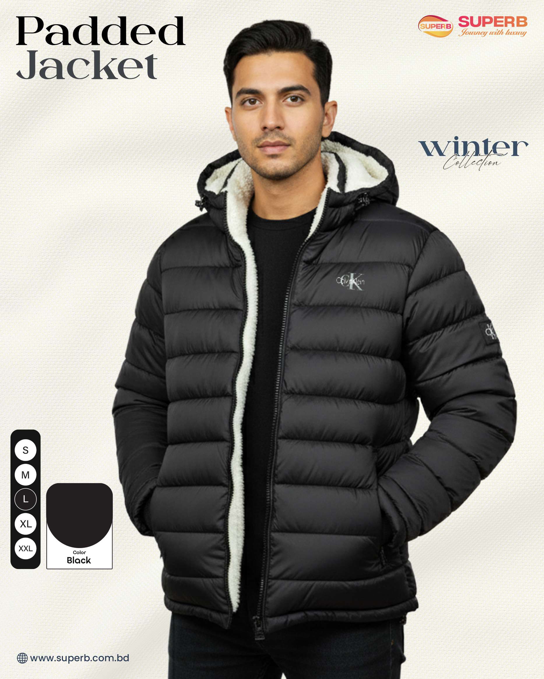 Premium Sherpa Padded Jacket – New Version | Heavy Quilted Winter Jacket for Men | Superb - Black