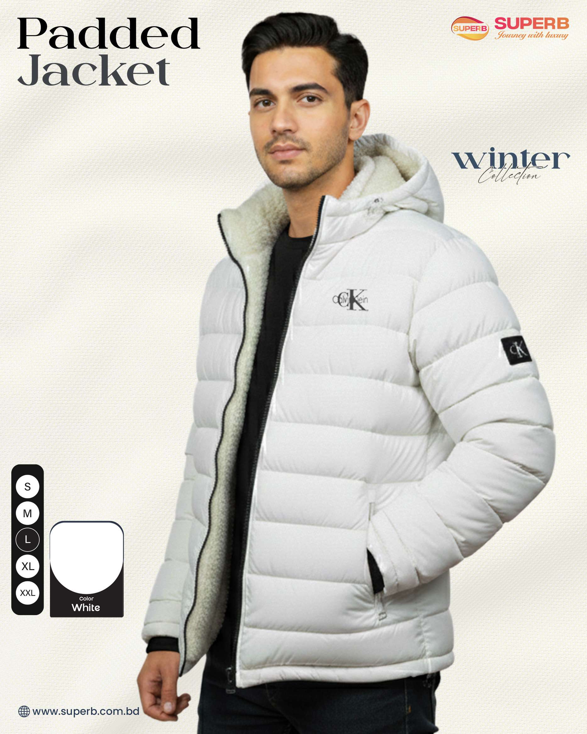 Premium Sherpa Padded Jacket – New Version | Heavy Quilted Winter Jacket for Men | Superb - White