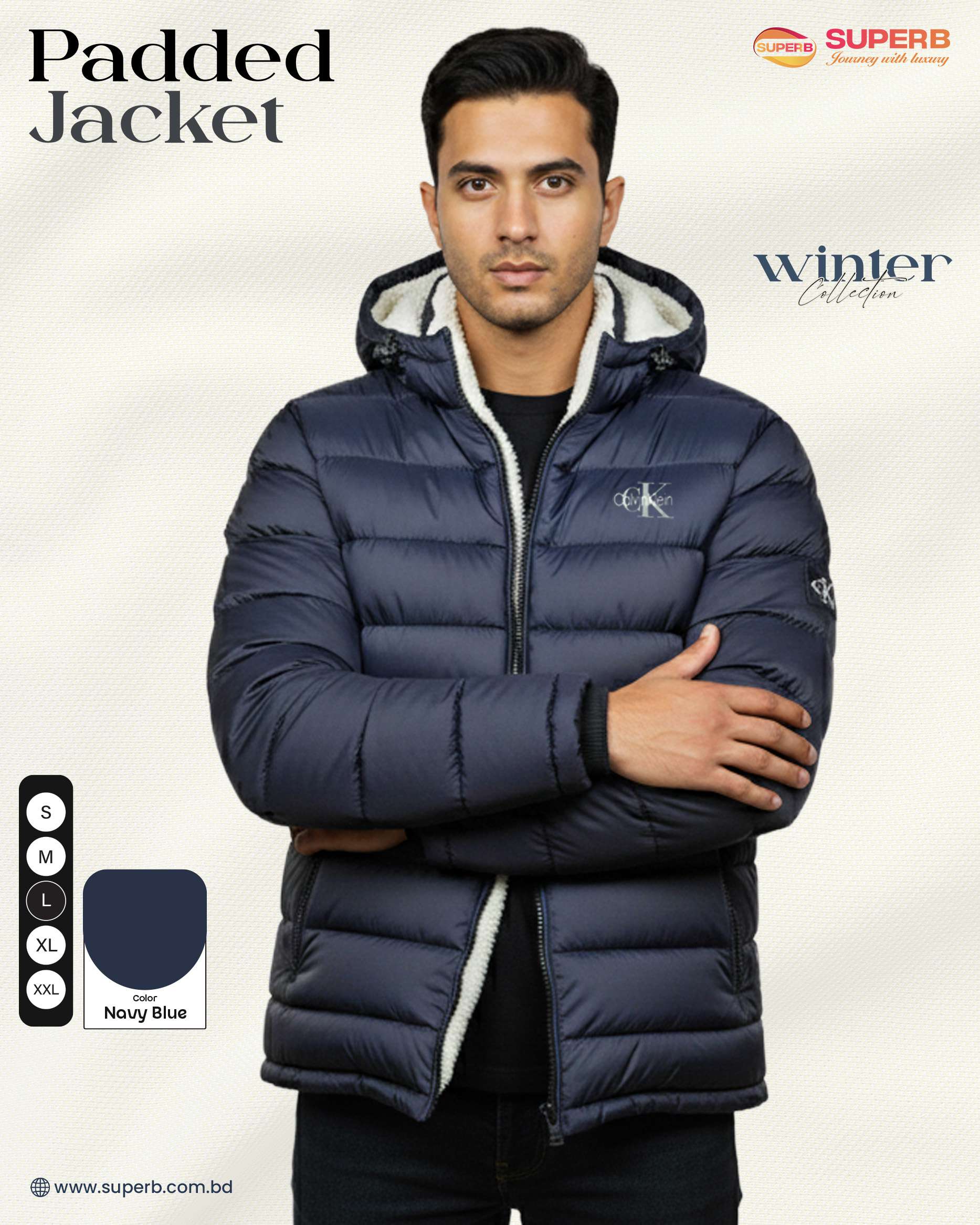 Premium Sherpa Padded Jacket – New Version | Heavy Quilted Winter Jacket for Men | Superb - Navy Blue