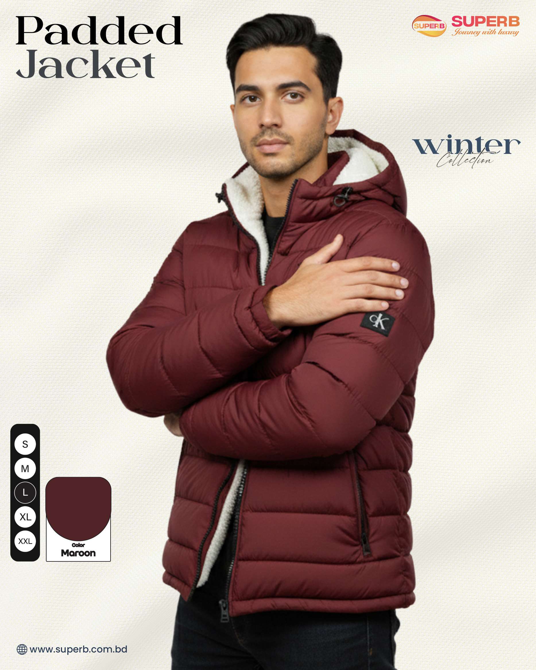 Premium Sherpa Padded Jacket – New Version | Heavy Quilted Winter Jacket for Men | Superb - Maroon