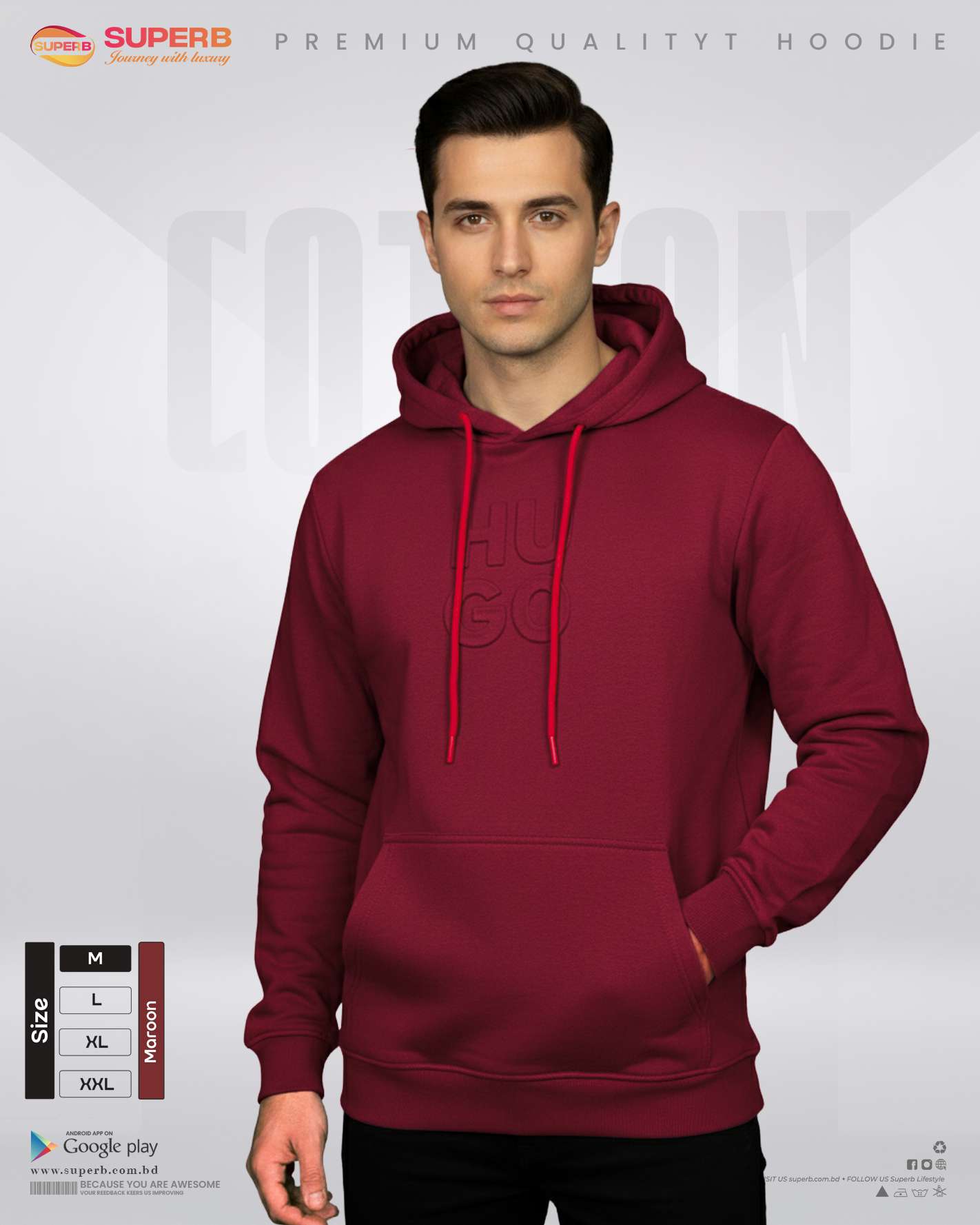 Hugo Boss Premium Unisex Hoodie – 350+ GSM Inner Brusho Fabric | Soft, Warm & Stylish || Superb - Maroon