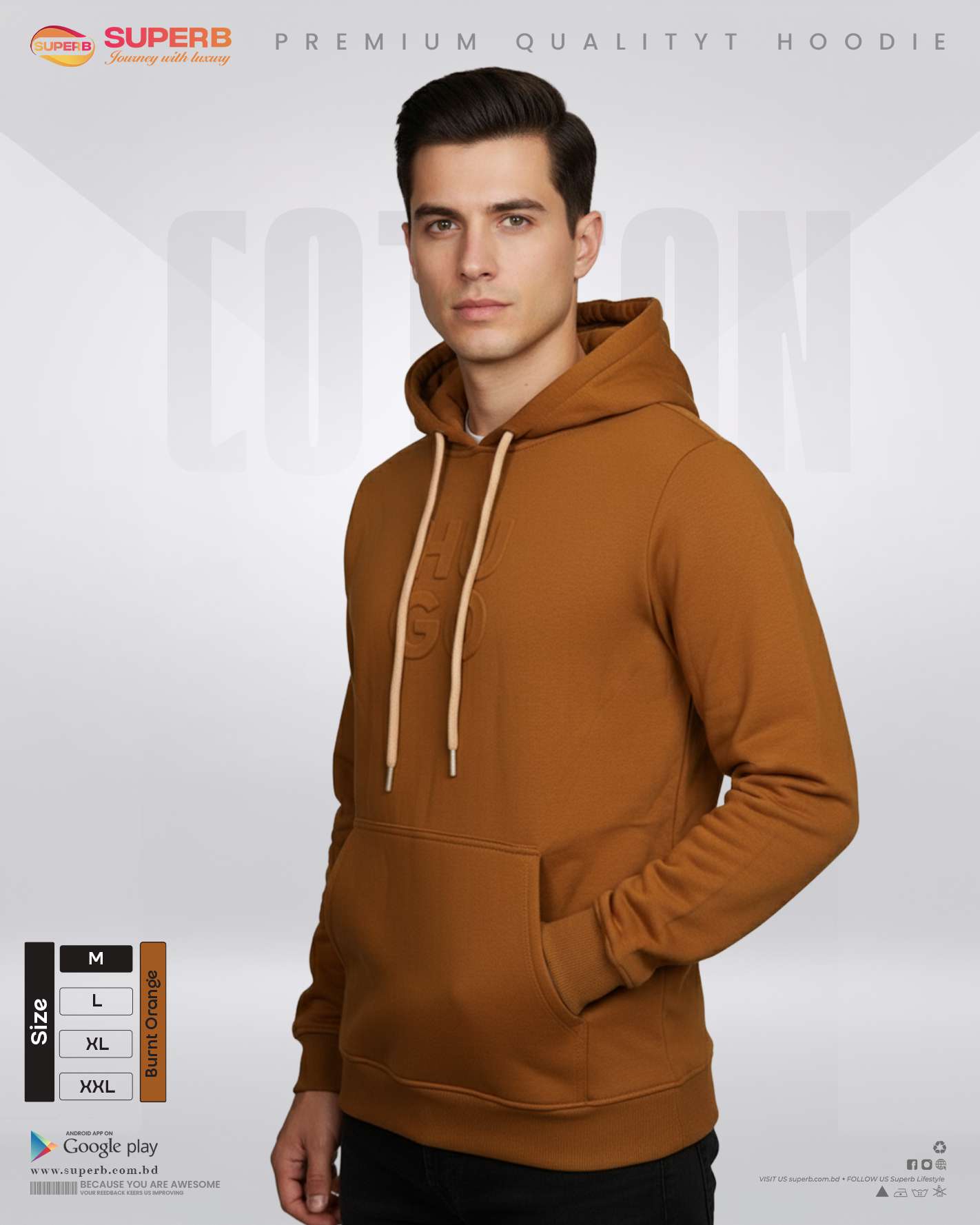 Hugo Boss Premium Unisex Hoodie – 350+ GSM Inner Brusho Fabric | Soft, Warm & Stylish || Superb - Burnt orange