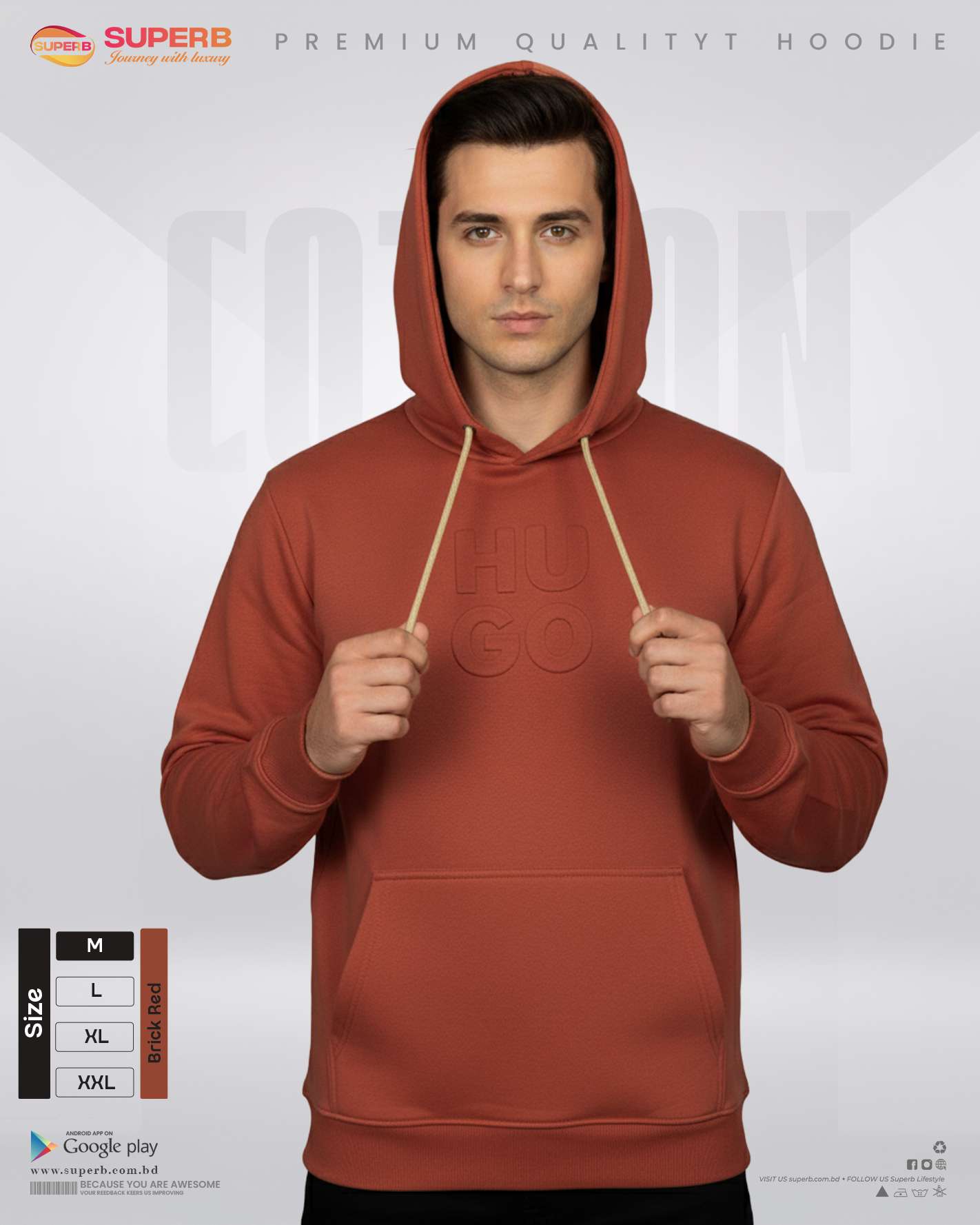 Hugo Boss Premium Unisex Hoodie – 350+ GSM Inner Brusho Fabric | Soft, Warm & Stylish || Superb - brick red