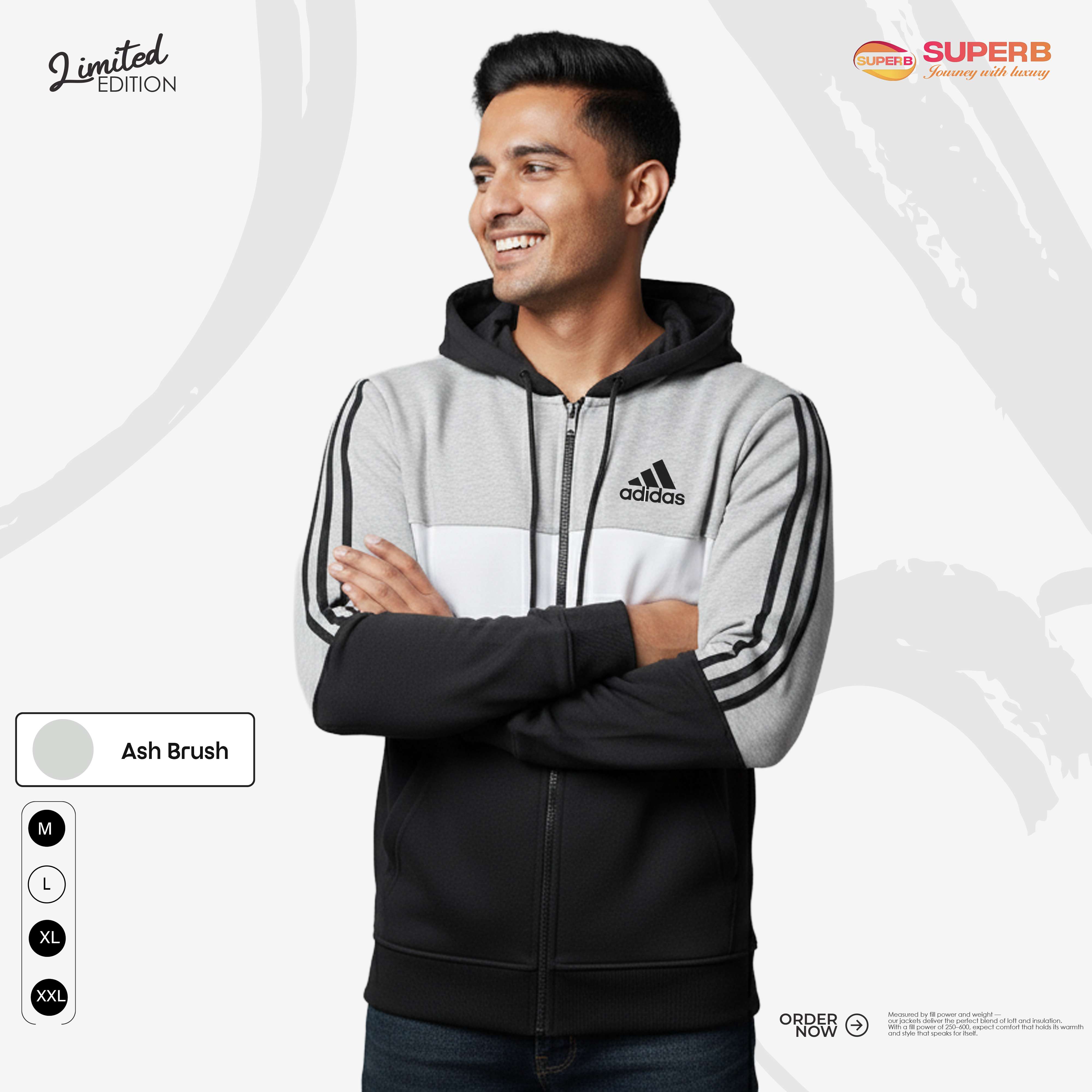 Adidas Premium Contrast Zipper Hoodie – 350+ GSM Heavy Cotton | Superb - Ash Brash