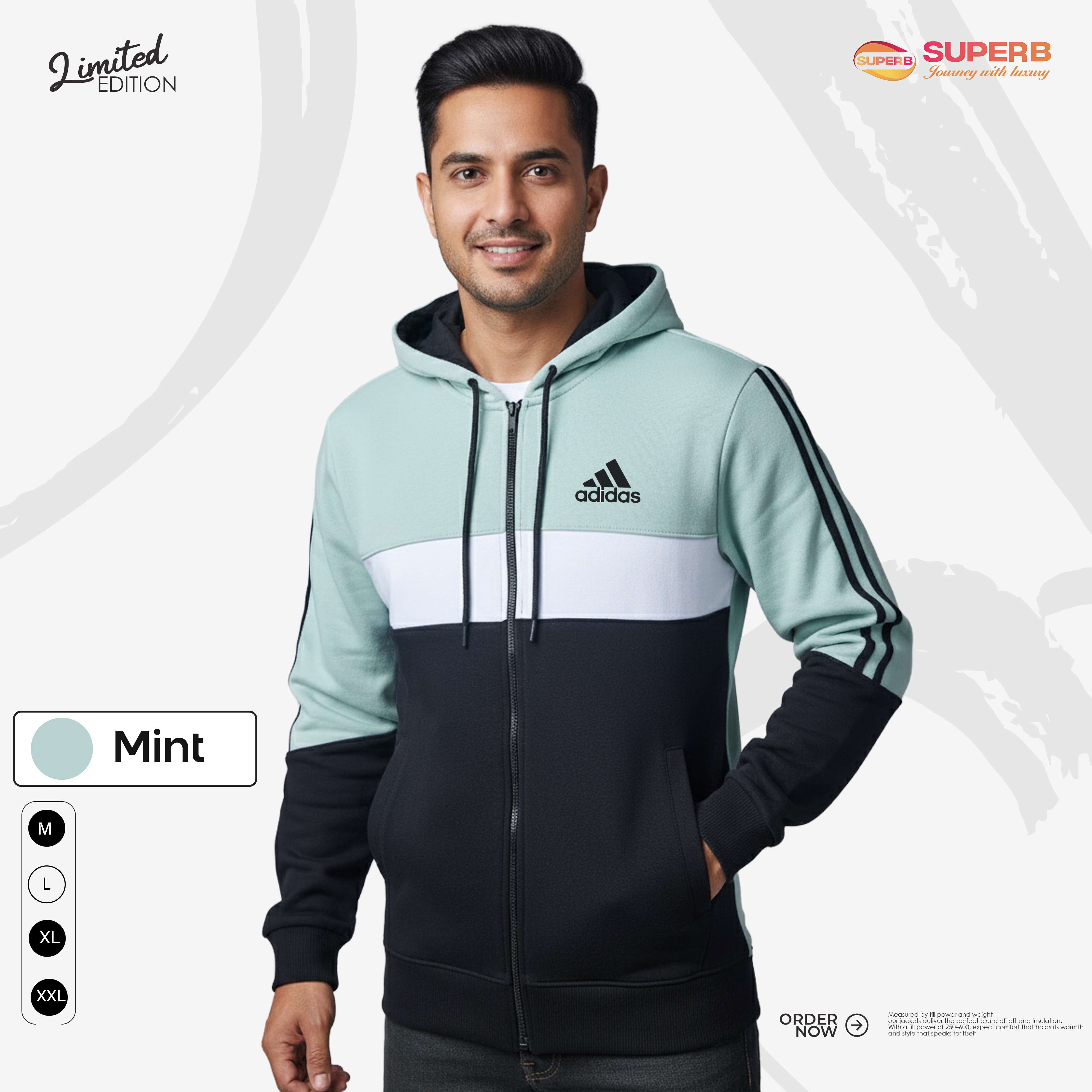 Adidas Premium Contrast Zipper Hoodie – 350+ GSM Heavy Cotton | Superb - Mint Green