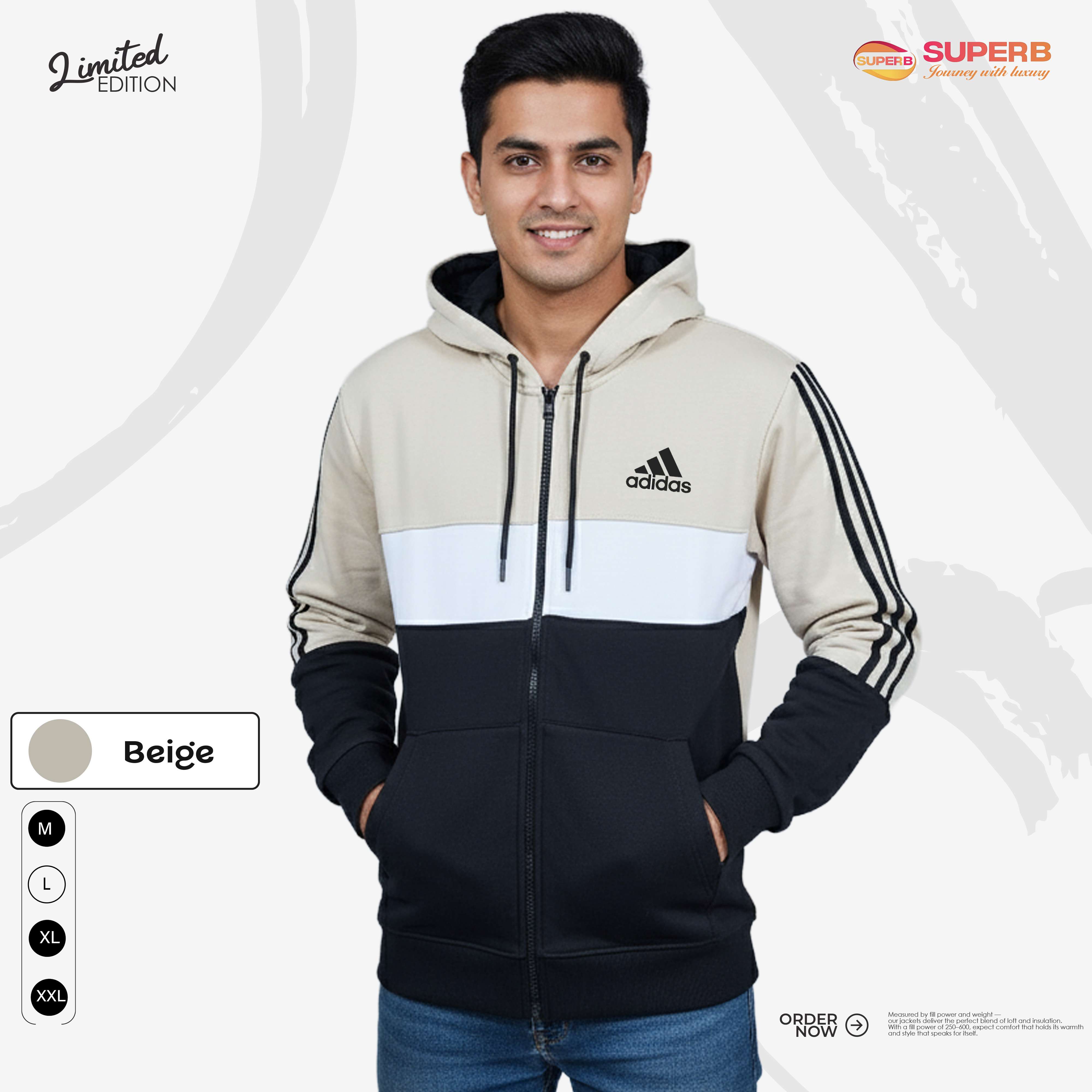Adidas Premium Contrast Zipper Hoodie – 350+ GSM Heavy Cotton | Superb - Beige