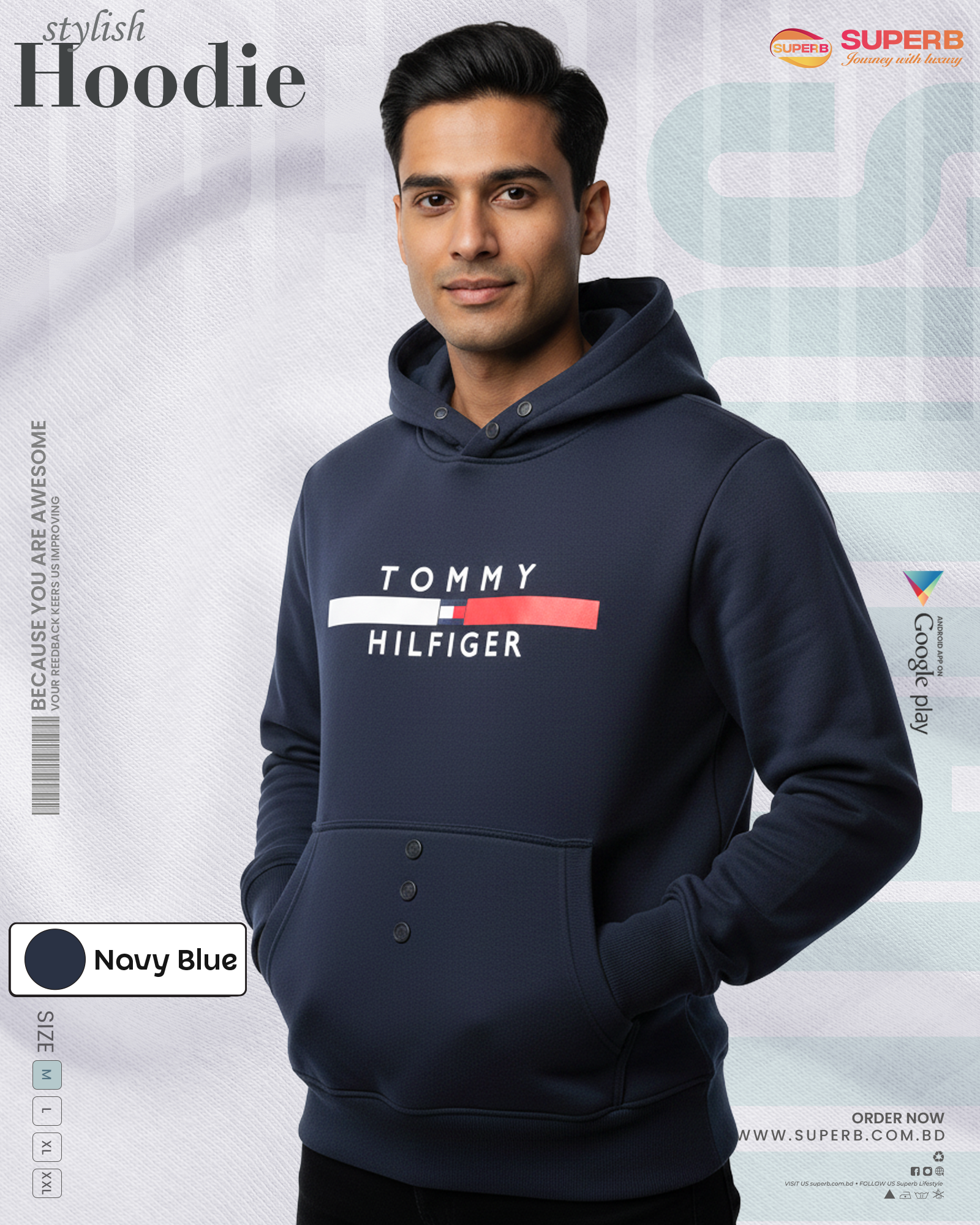 Tommy Hilfiger Premium Hoodie for Men & Women | 350 GSM Warm Winter Hoody - Navy Blue