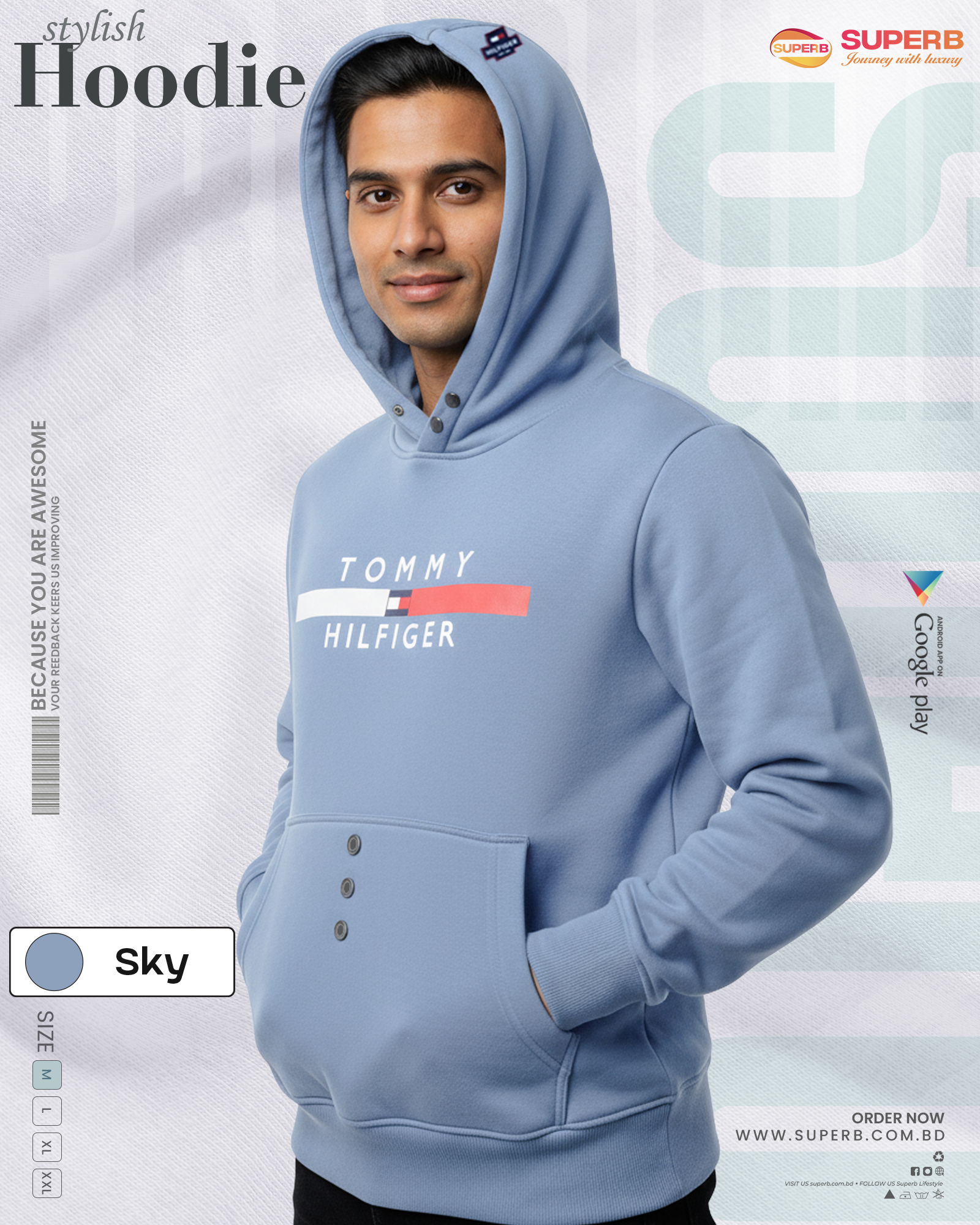Tommy Hilfiger Premium Hoodie for Men & Women | 350 GSM Warm Winter Hoody - sky