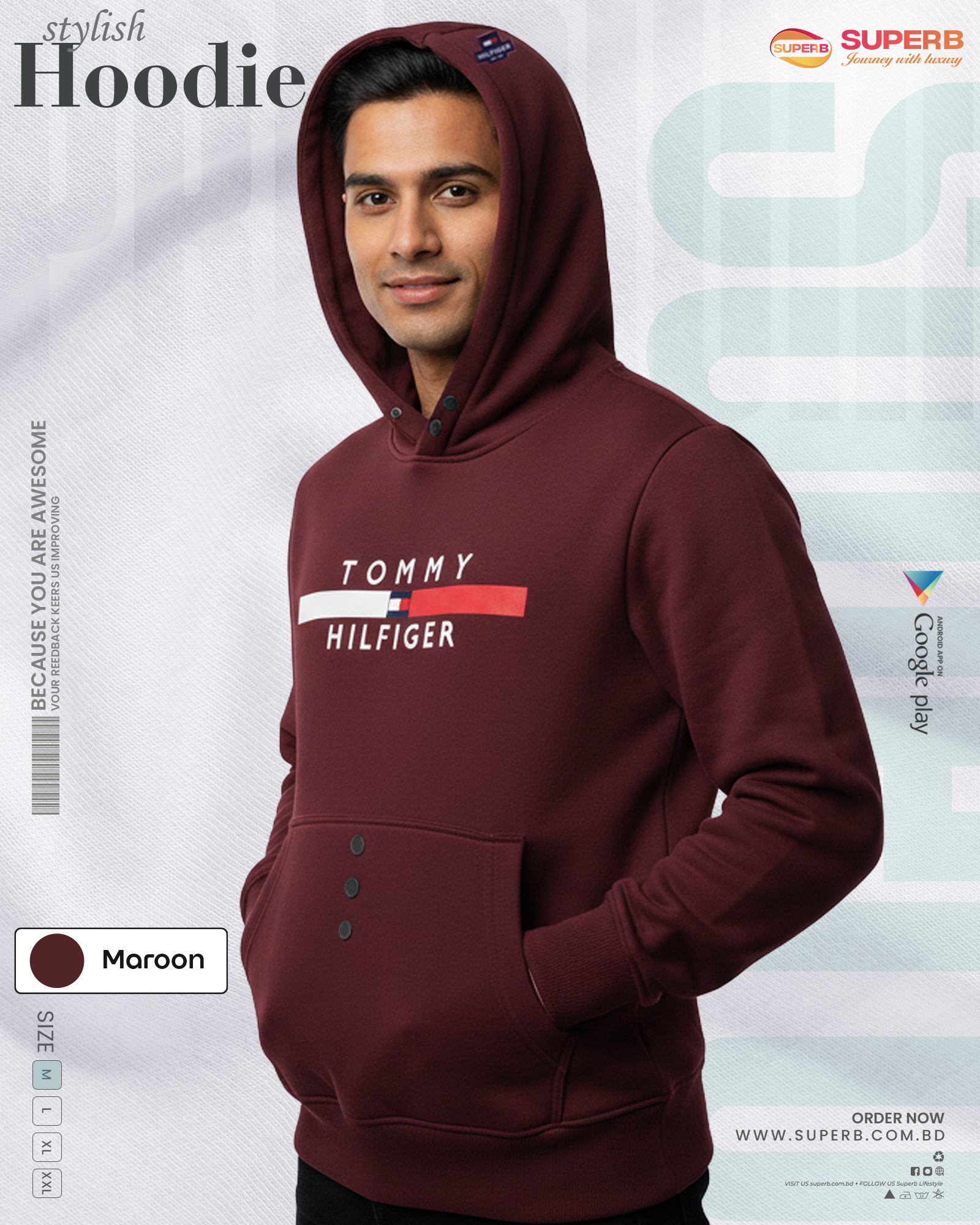 Tommy Hilfiger Premium Hoodie for Men & Women | 350 GSM Warm Winter Hoody - Maroon