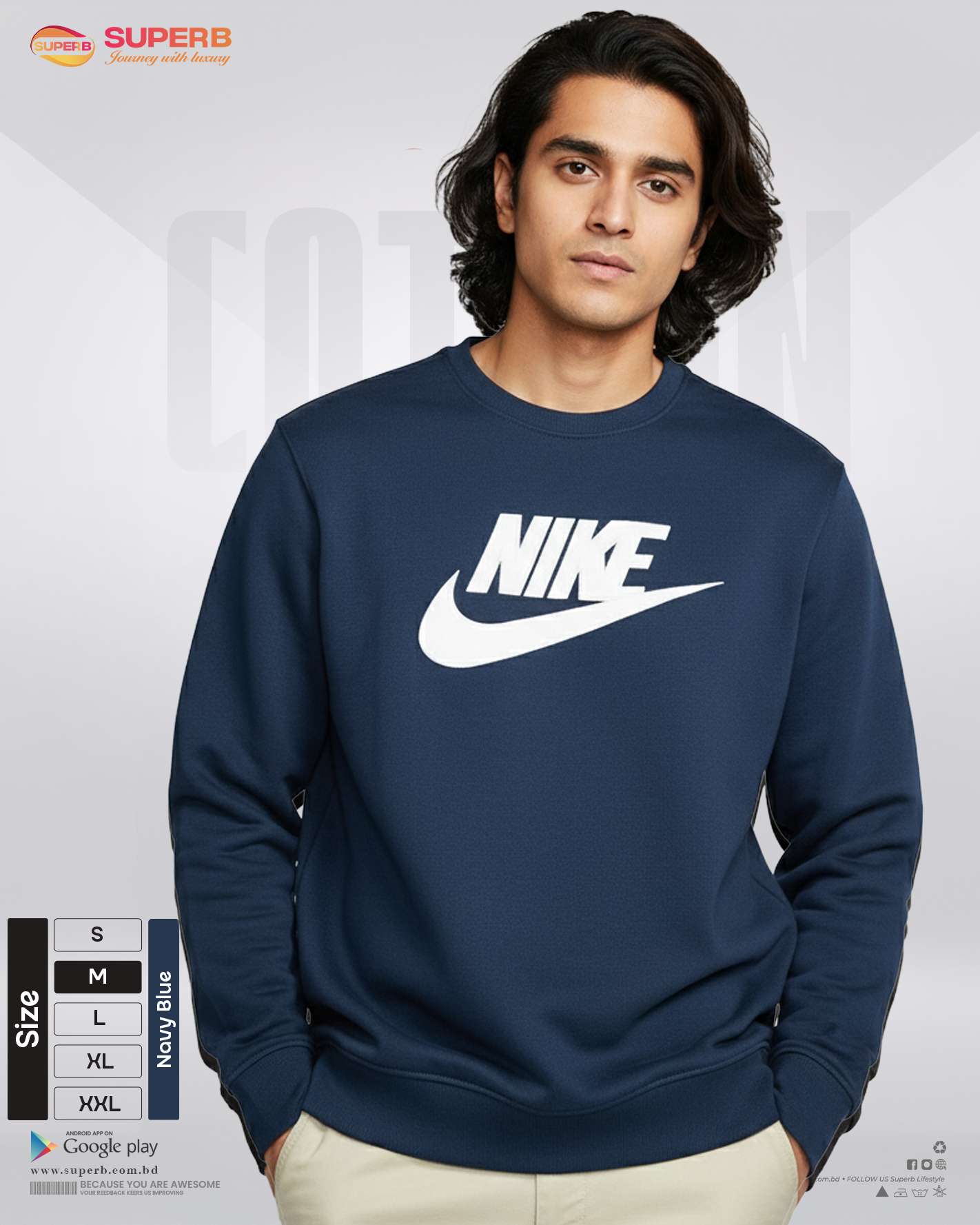 Nike Premium Heavy Cotton Sweatshirt | 350+ GSM Inner Brusho Fabric | Unisex Winter Wear - Navy Blue