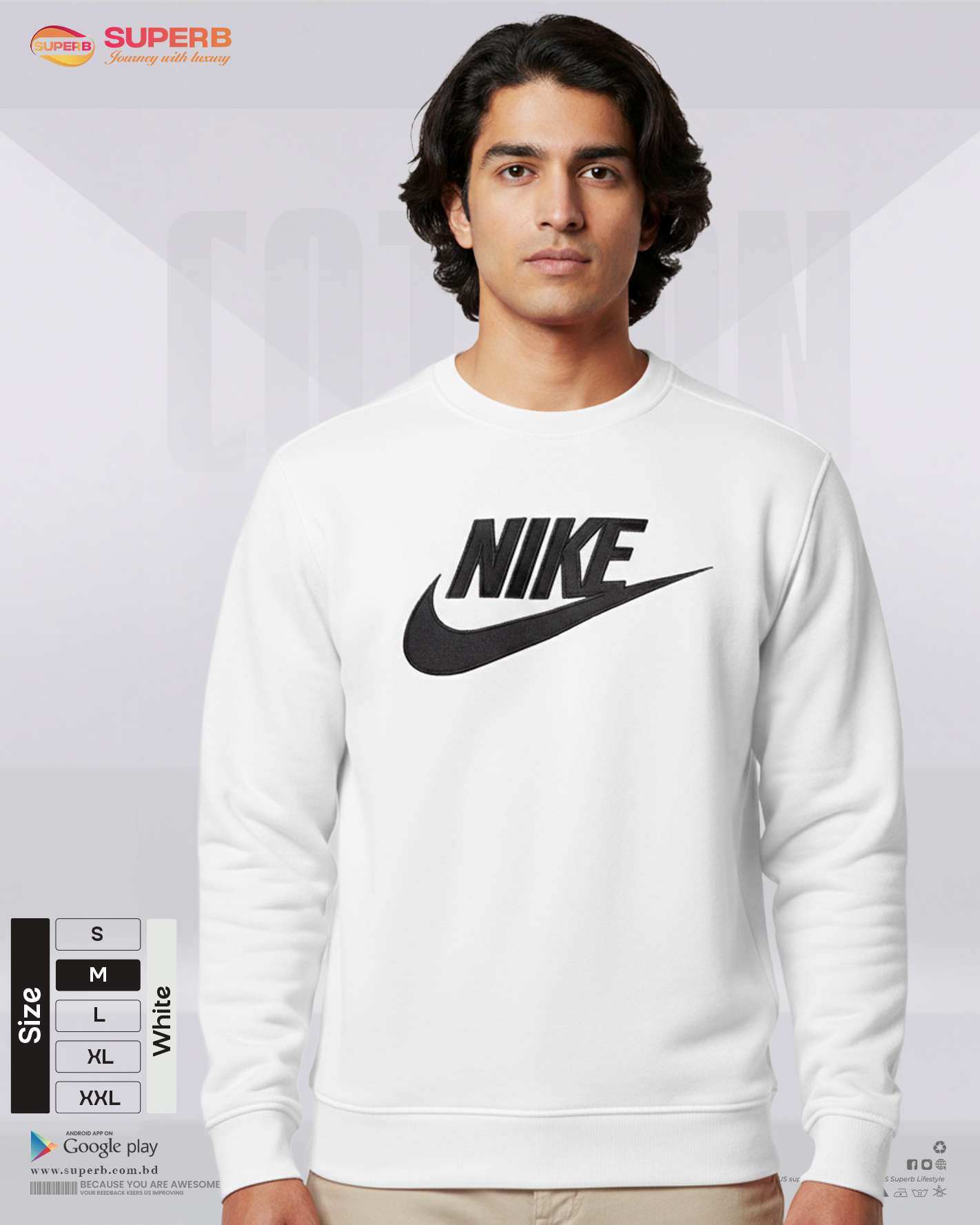 Nike Premium Heavy Cotton Sweatshirt | 350+ GSM Inner Brusho Fabric | Unisex Winter Wear - White