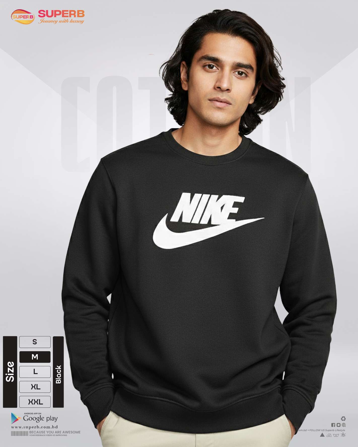 Nike Premium Heavy Cotton Sweatshirt | 350+ GSM Inner Brusho Fabric | Unisex Winter Wear - Black